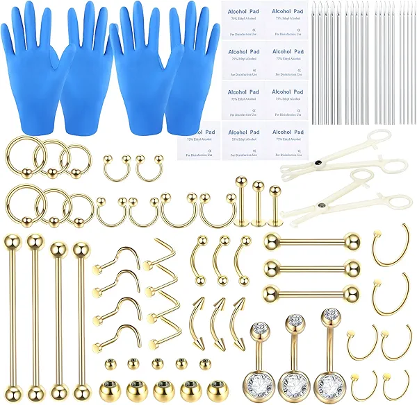 BLZ Piercing Kit Stainless Steel Piercing Needles 20G 18G 16G 14G 12G Belly Button Ring Ear Nose Septum Piercing Jewelry with Clamps Gloves Piercing Tools for Body Piercing