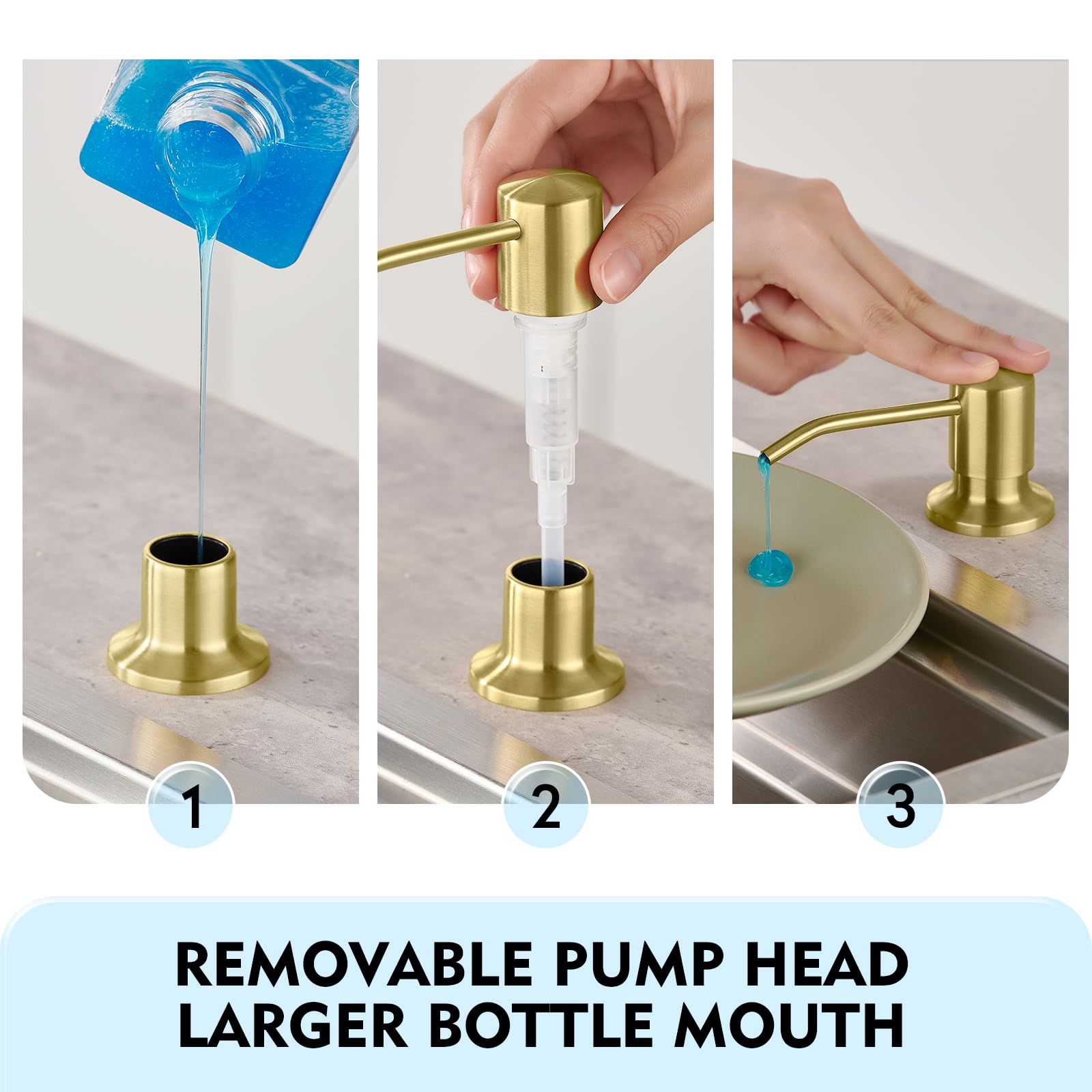 CREA Fregaderos de cocina, dispensador de jabón integrado, dispensador de detergente para fregadero, montaje en encimera con botella de 500 ml y manguera de extensión de 1 m de llenado superior, acero