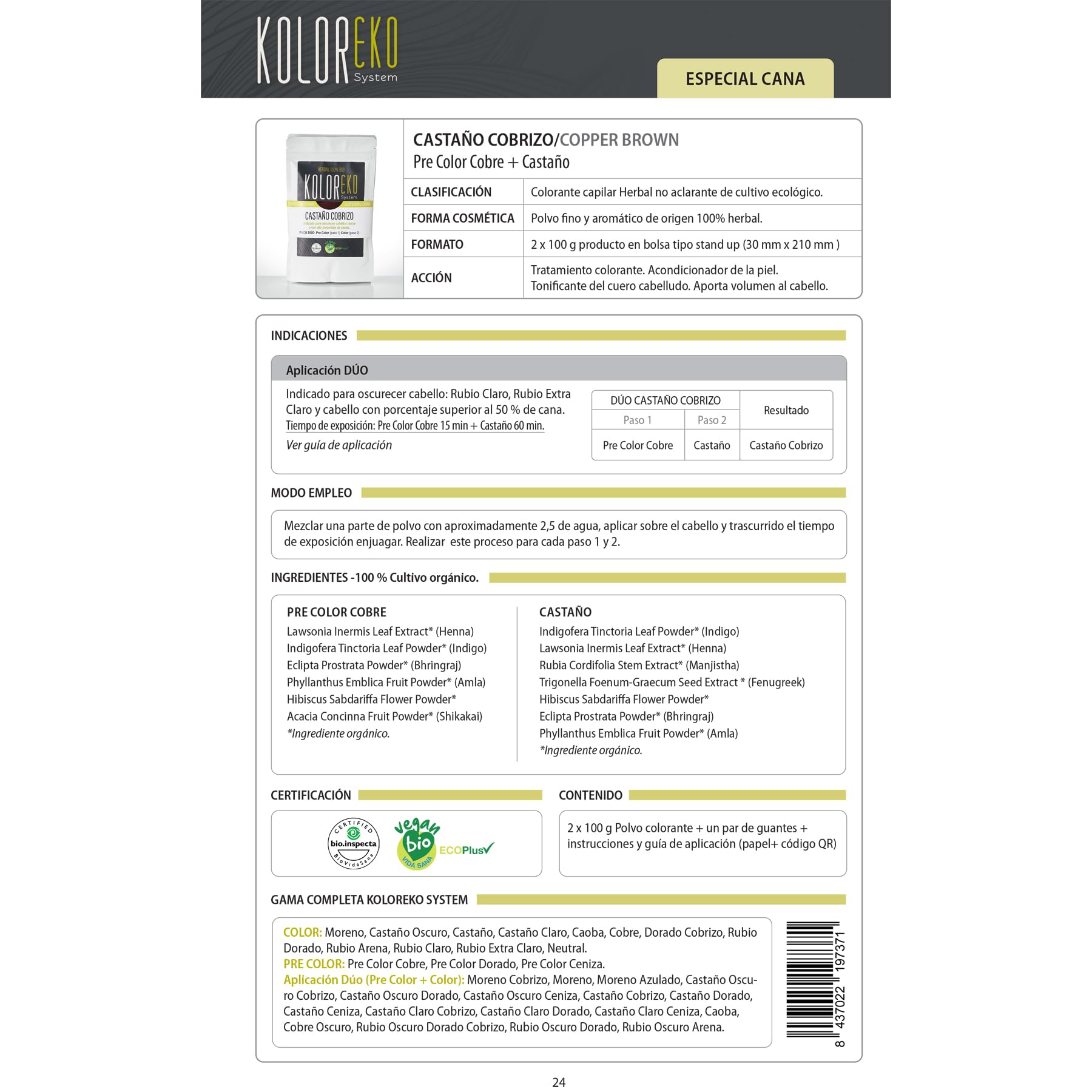KOLOREKO Tinte natural CASTAÑO COBRIZO - Pack DÚO especial canas - precolor COBRE + tinte CASTAÑO