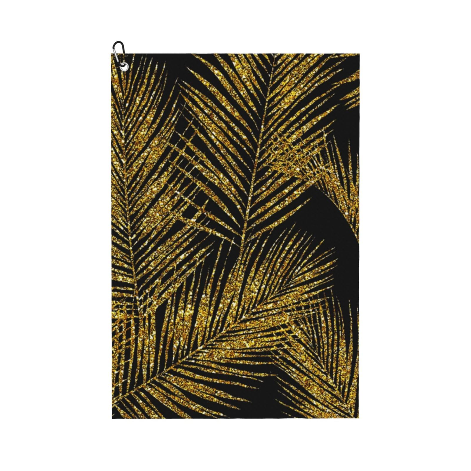 Hnnkloy Gold Glitter Palm Leaves, 16x24 in Portable Waffle Golf Towels with Carabiner Clip for Golf Bag
