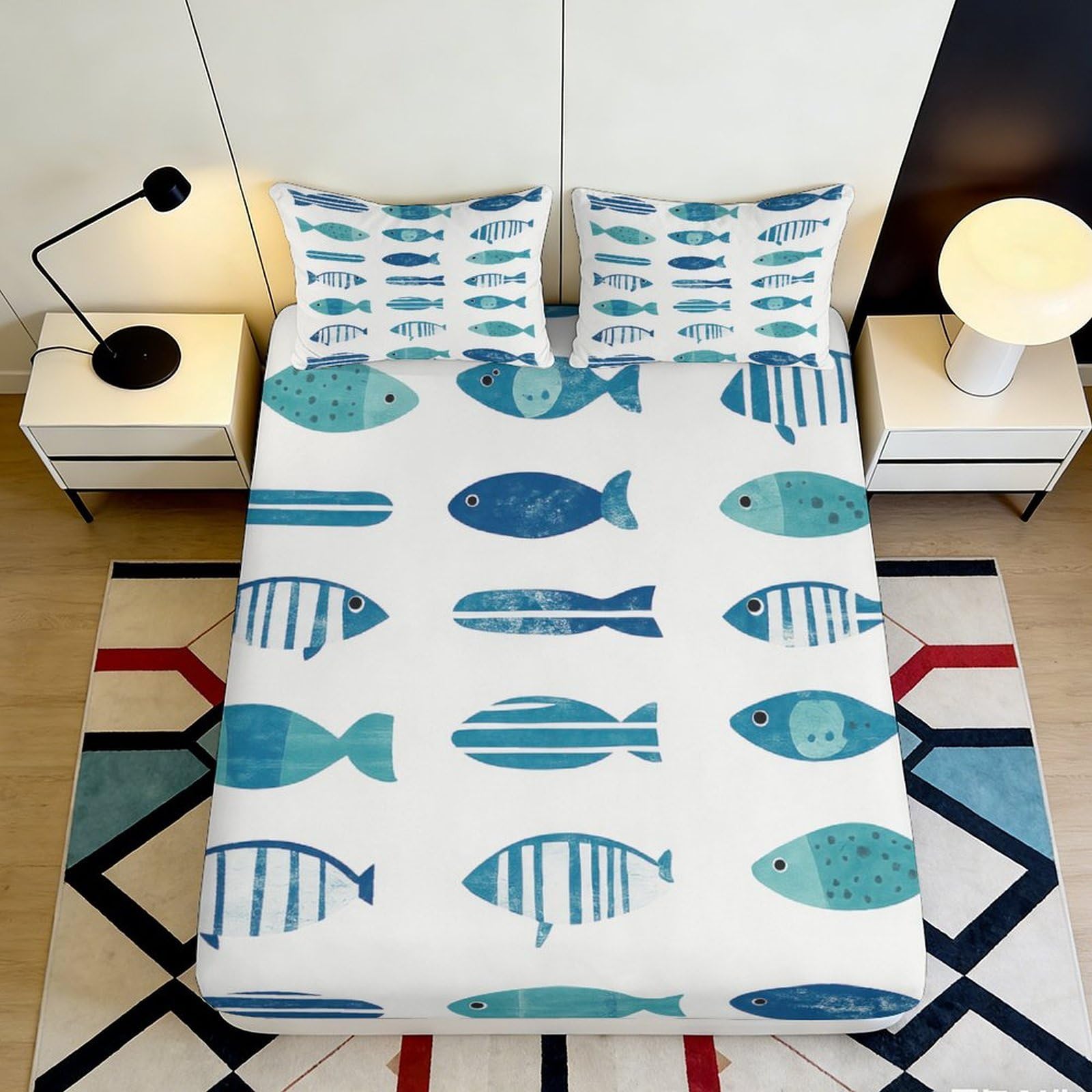 Pnayamiorkfel Style-1 3D Printed Blue Fish Pattern Fitted Sheet Microfiber Soft Breathable Ocean Marine Mattress Cover For Bedroom Dorm Apartment Decor 90X200x25cm