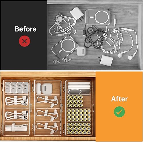Miniatura 6 de Paquete de 2 cajas organizadoras de cables con tapa, caja organizadora de cables de carga transparente con 4 compartimentos y 20 bridas de cables,