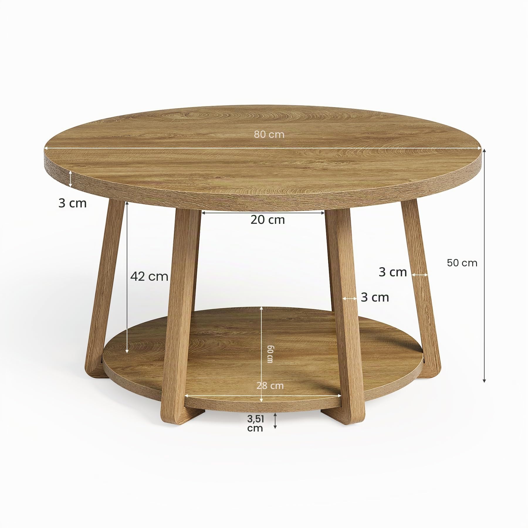 Tribesigns 80 cm Mesa de Centro Redonda con Espacio de Almacenamiento, Mesa de salón de Dos Niveles con Patas de Madera, fácil de Montar, para salón, Espacios pequeños, hogar - Roble