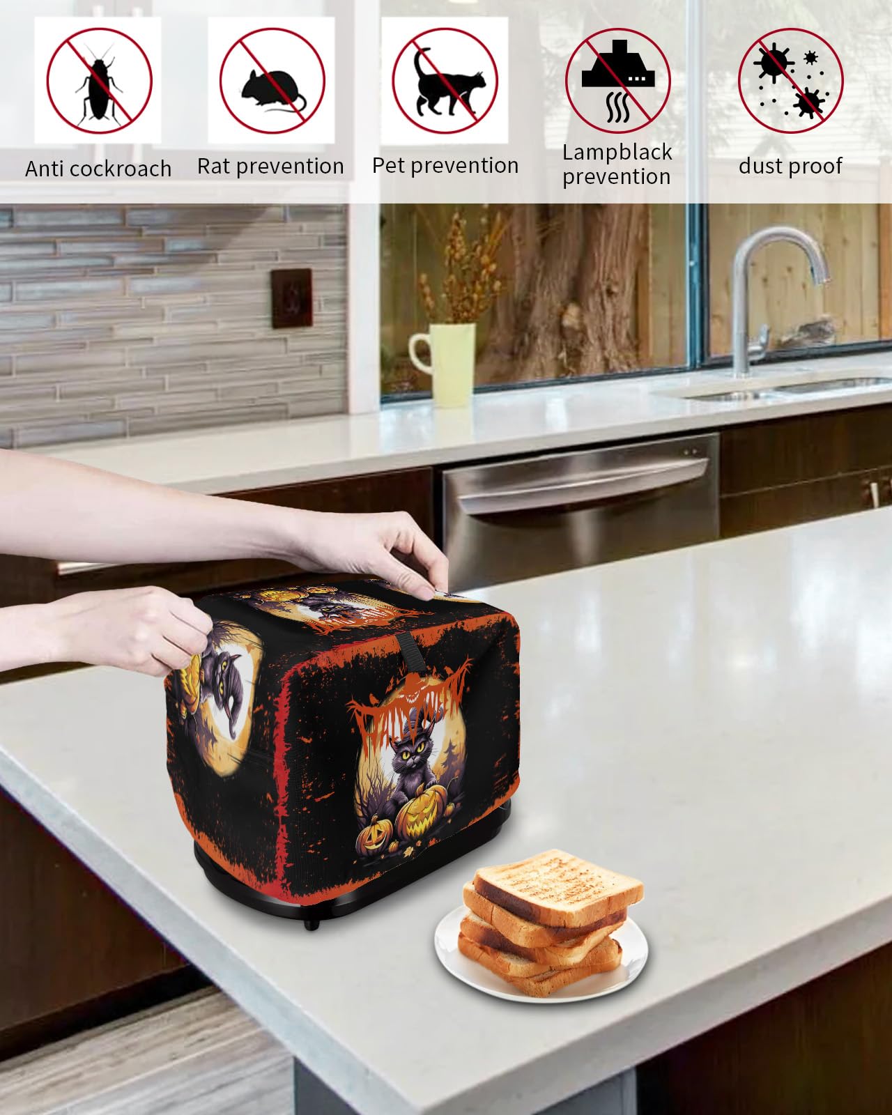 Yatixapu Toaster Cover For 4 Slice – Waterproof Polyester With Green Hat Black Cat Pattern