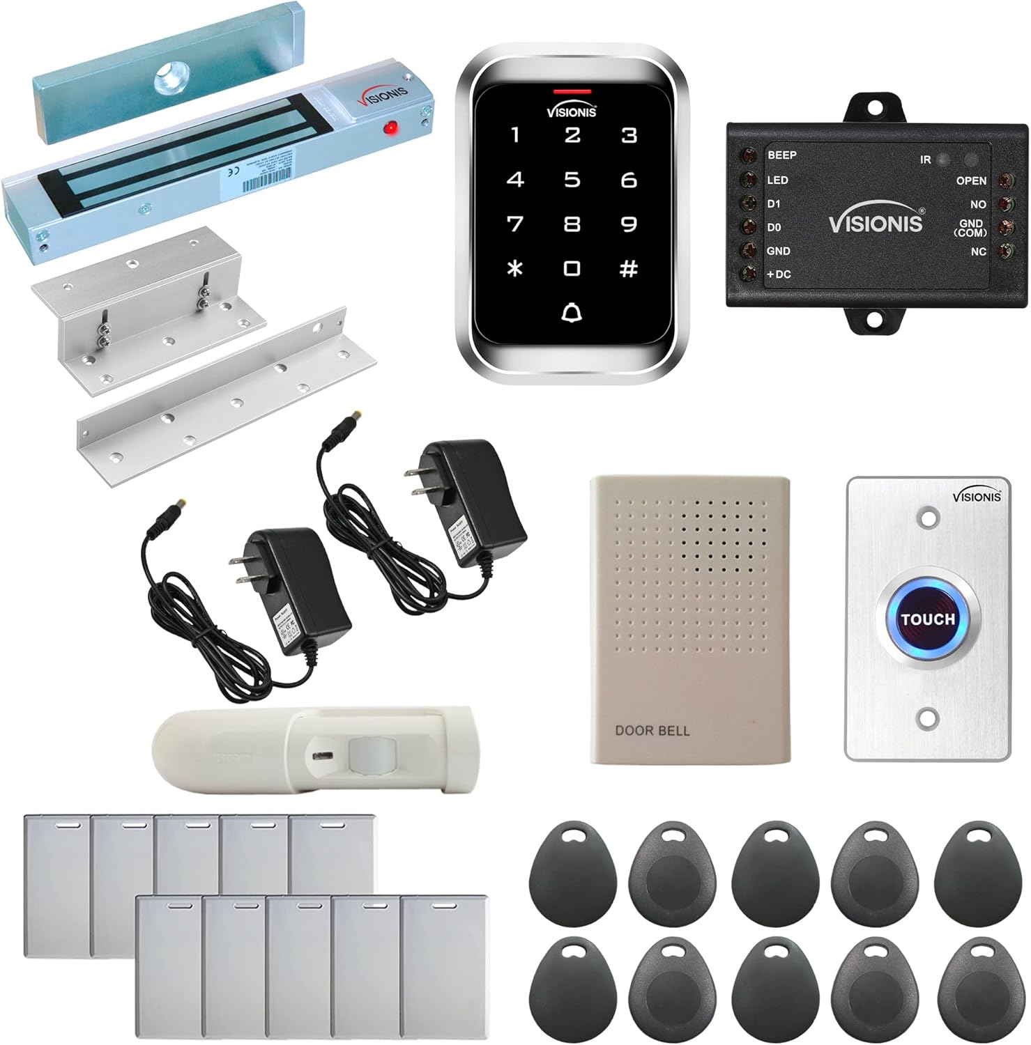 Visionis FPC-5282 One Door Access Control in Swinging Door 300lbs Maglock with VIS-3000 Outdoor Keypad/Reader Standalone with Mini Controller + Wiegand 26, No Software, EM Card, 1000 Users + PIR Kit