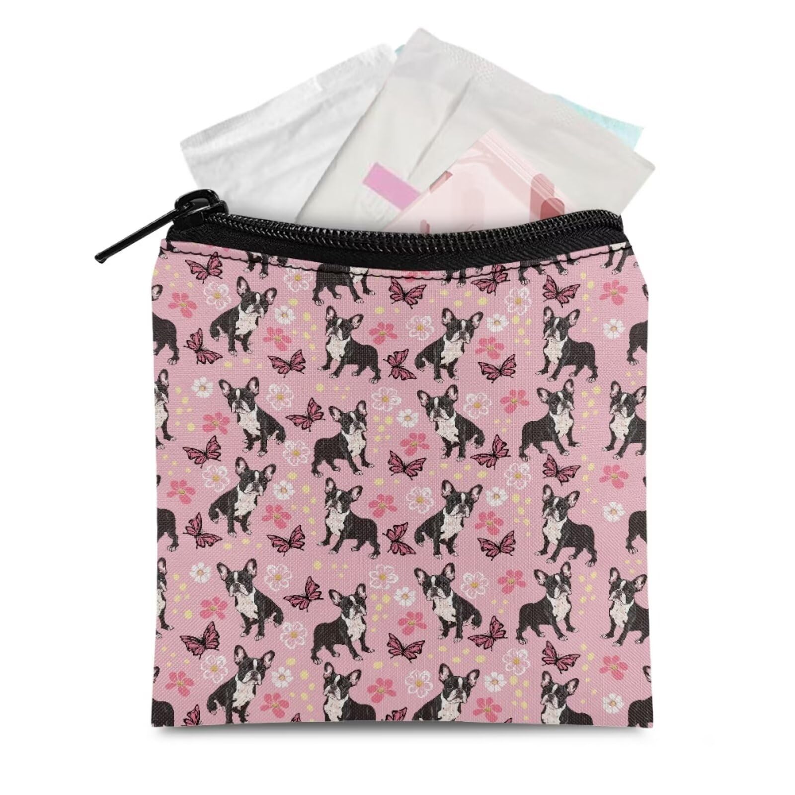 HUGS IDEA Period Bag Cartoon French Bulldog Print Sanitary Pad Storage Bag Samll Period Pouch for Purse Period