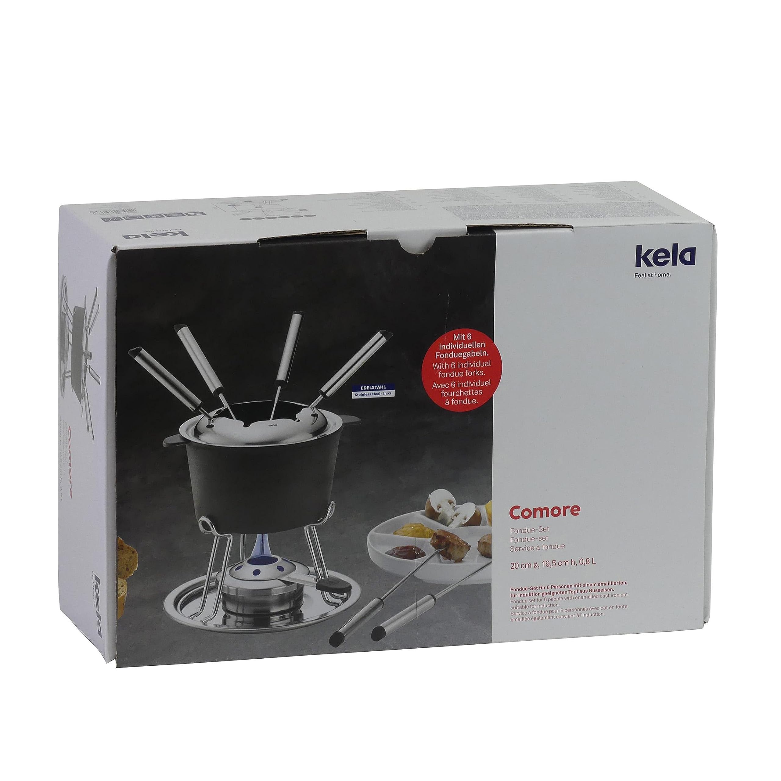 kela Fleischfondue Set 11tlg, Gusseisen Fondue für 6 Personen COMORE, Fondueset mit Brennpastenhalter, Gabeln, Gabelhalter