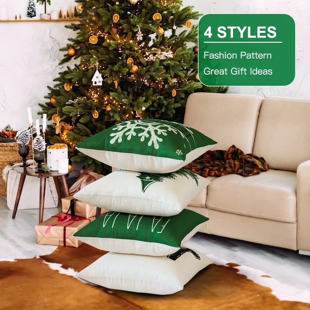 JOTOM Set di 4 federe natalizie per cuscini da 45 x 45 cm, decorazioni natalizie per casa e divano (verde