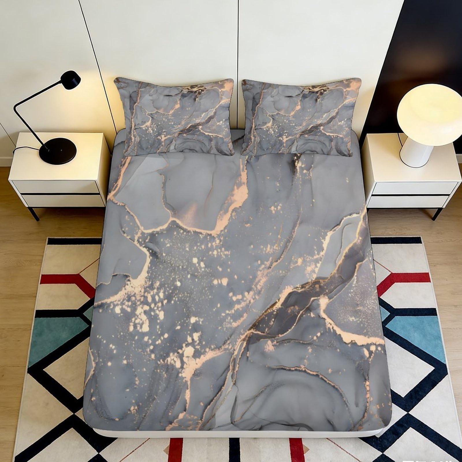 3D Printed Marble Fitted Sheet Microfiber Elastic Hem Marble Mattress Fitted Cover Deep Pocket for Bedroom 120x200x25cm