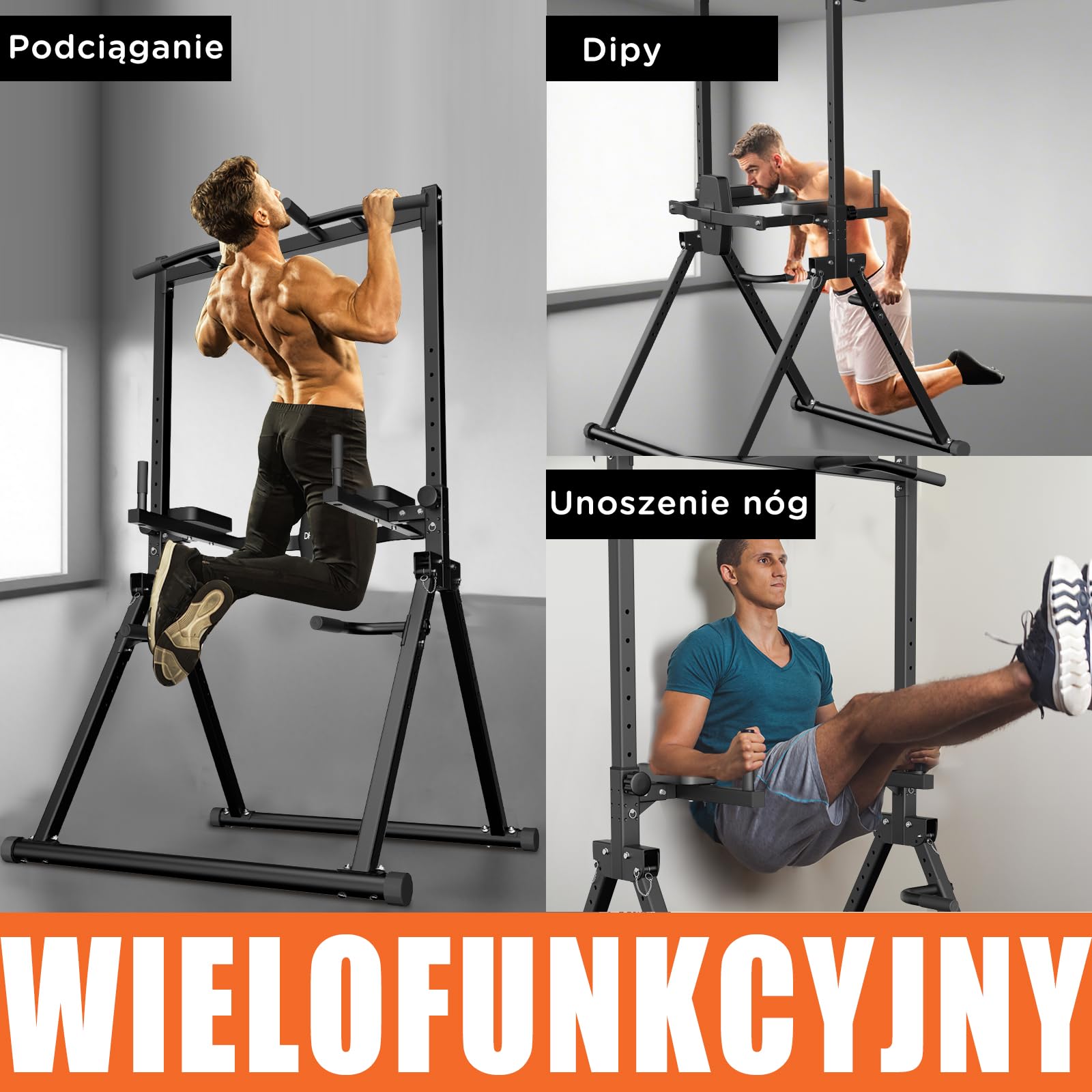 DH FitLife Składana Power Tower Dip Station do 210 kg | Wolnostojący Drążek do Podciągania z Poręczami do Dipów i Trenerem Pleców | Stacja Treningowa | Wieża Siłowa | Stacja Fitness do Domowej Siłowni