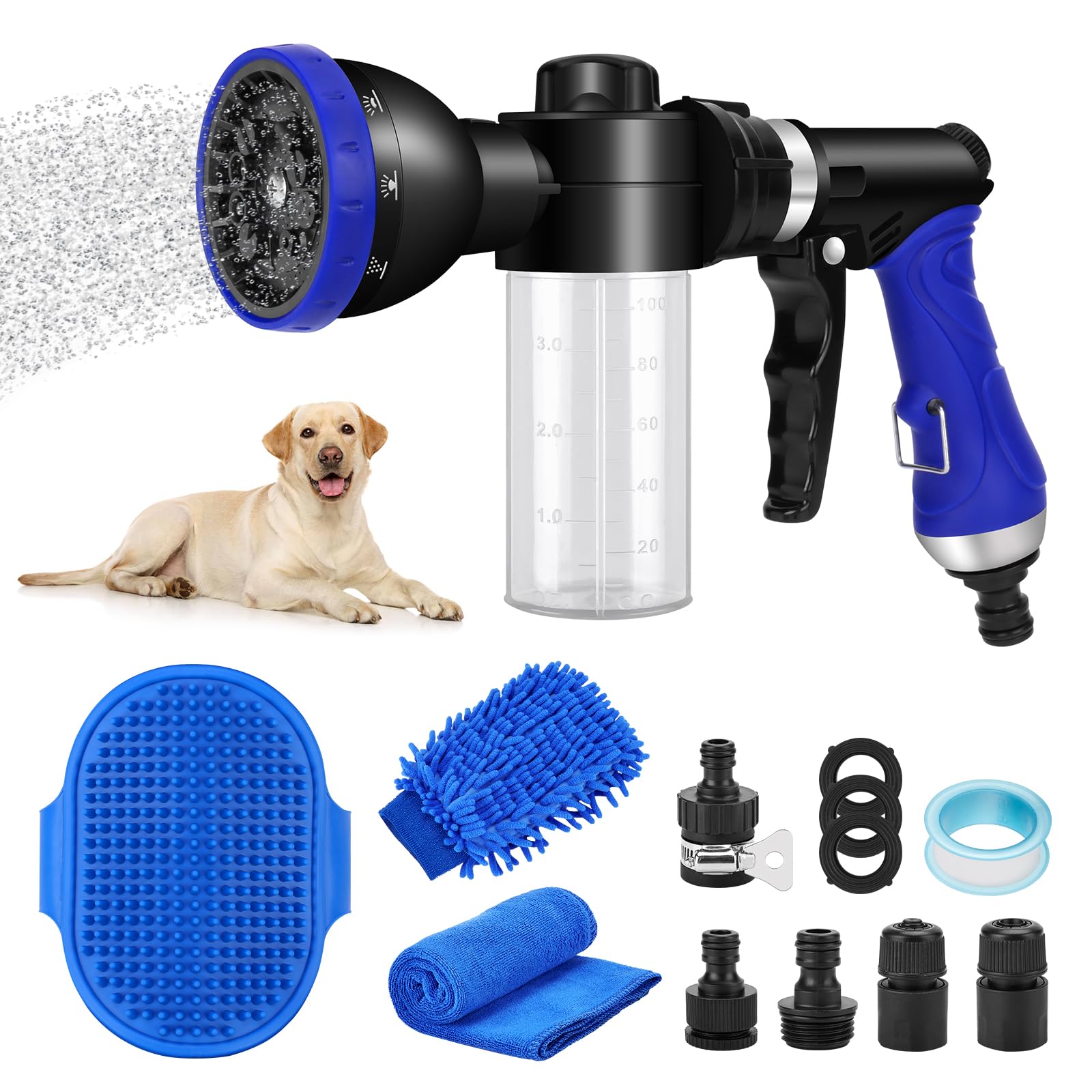 Pet Bathing Sprayer Kit,10 Spray Patterns, Adjustable Hose Wash Sprayer with 4 to 8 Bars Foam Blaster,Suitable for Pet Washing, Car Cleaning and Garden Use with 1/2” Quick Connector