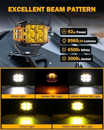 Miniatura 3 de Auxbeam Cápsulas de luz LED cuadradas de 4 pulgadas, 92 W 8960 lúmenes, luces de trabajo combinadas con luces de disparo de doble cara con DRL
