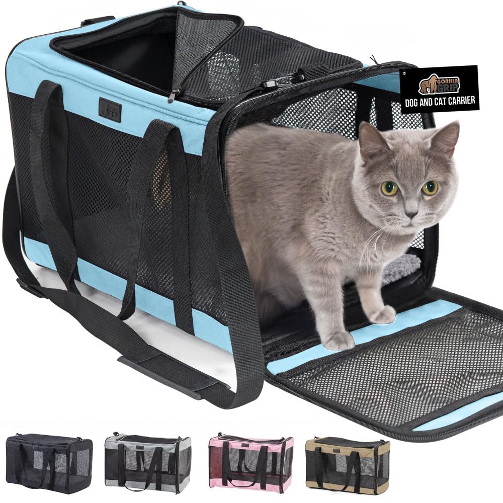GORILLA GRIP Cat Carrier Travel Bag Up to 15 Lbs, Soft Collapsible Small Dog Carriers, Top and Side Entry Breathable Mesh, Grip Feet on Underside, Cozy Washable Waterproof Pad, Portable Kennel, Blue