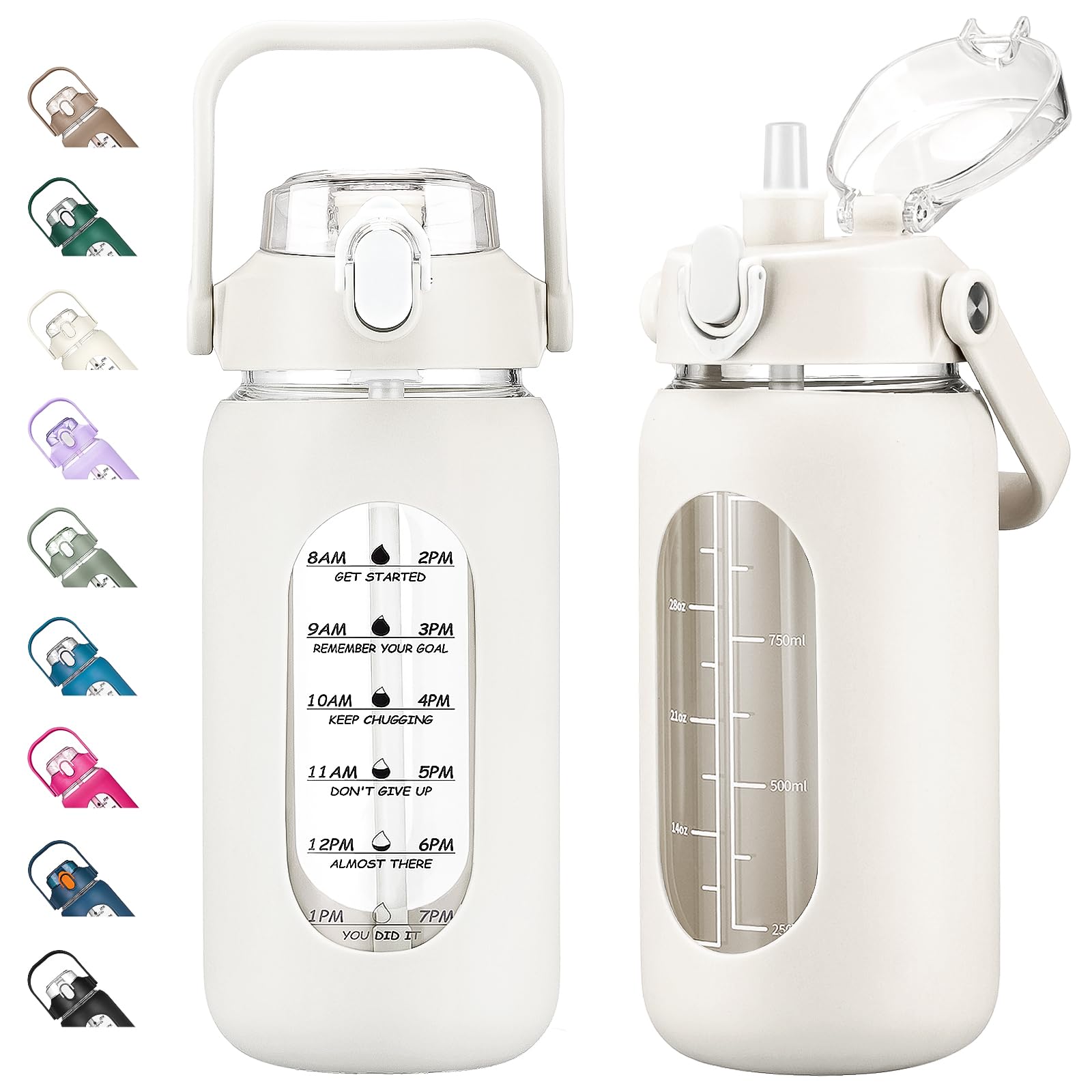 kytffu 42oz Glass Water Bottles with Straw, Motivational Quotes, Time Markers, Leakproof, Dishwasher Safe, White, 1900ml, Fitness, Swimming, Bottle — image 1