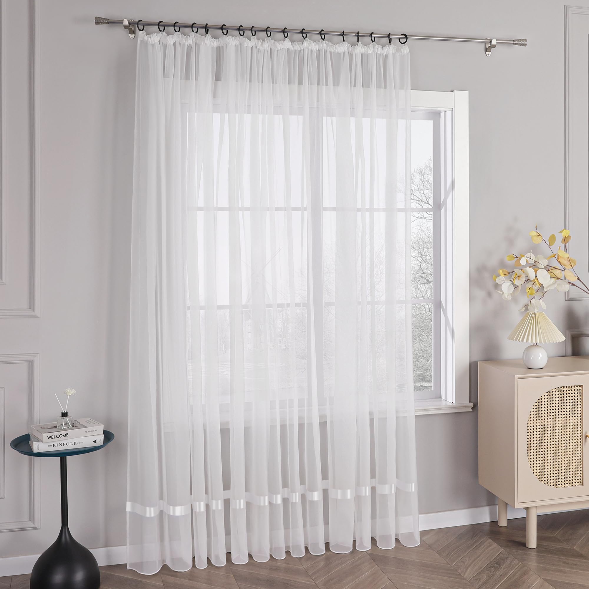 HongYa Stores Voile Gardine Schal Transparenter Vorhang mit Satinband Kräuselband H/B 225/450 cm Weiß