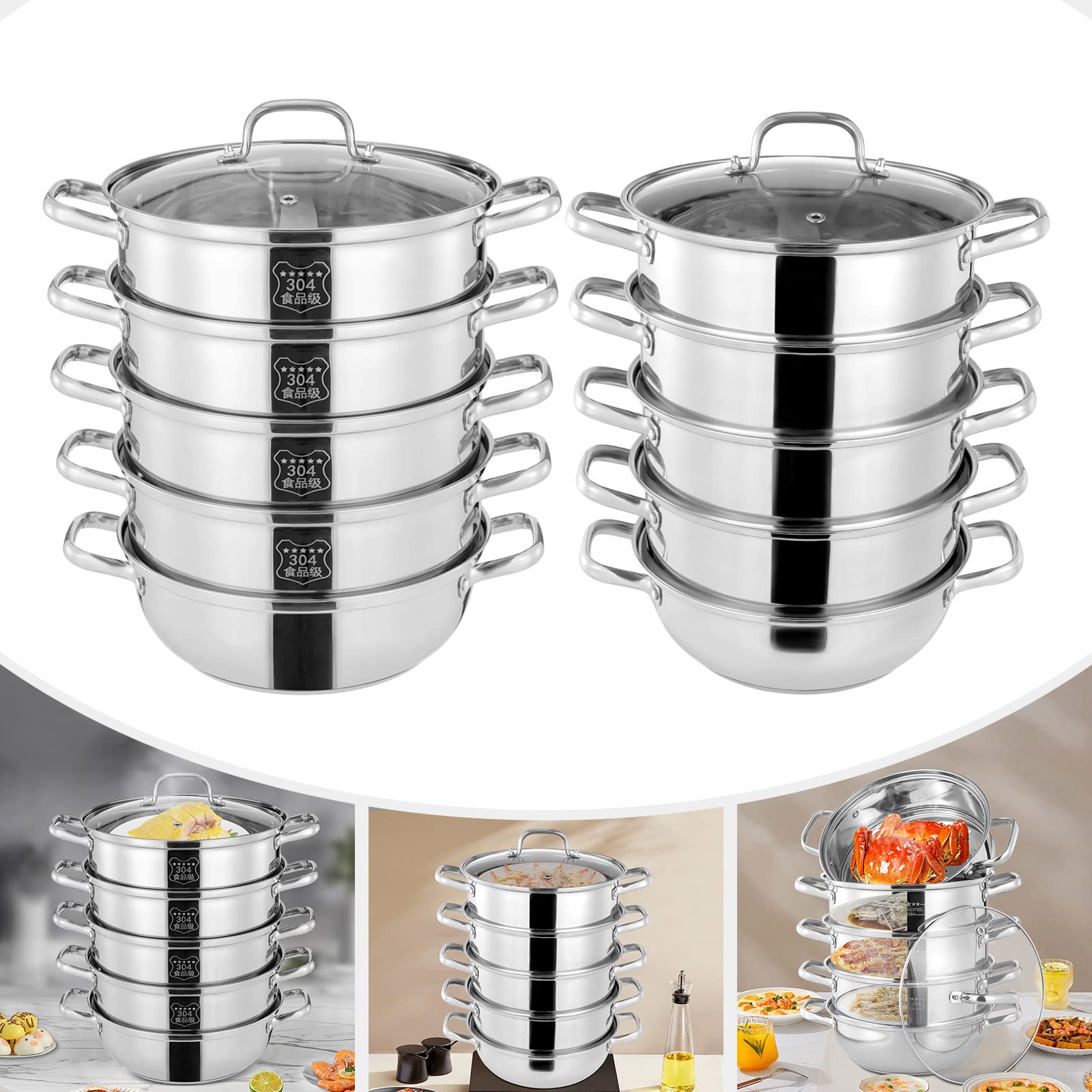 5-Schichtiger Edelstahl Dampfkocher Gardampftopf mit Glasdeckel Dampfgarer für Küche (28CM)
