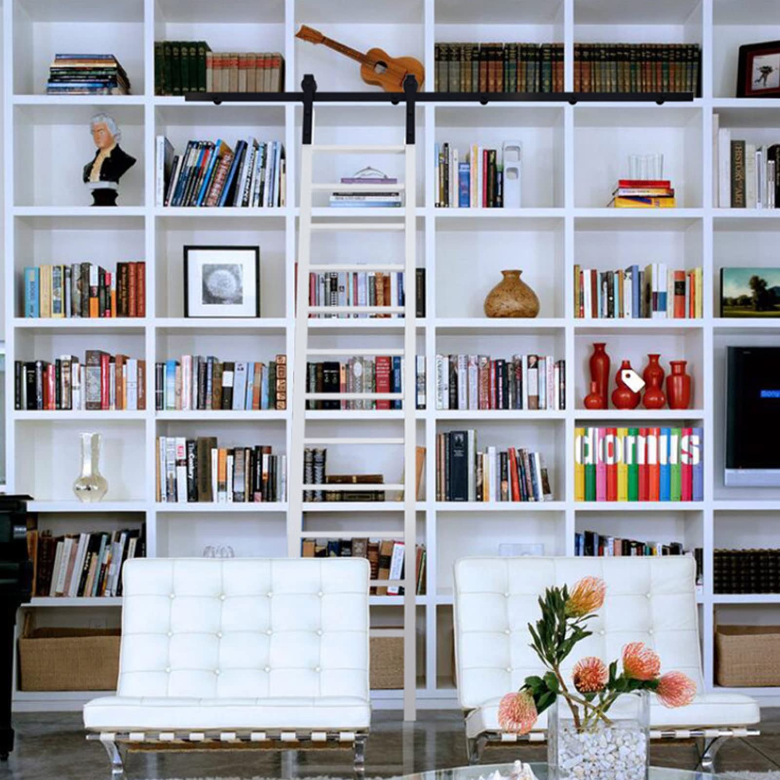 Kit de herramientas para escalera de biblioteca de 5 a 4 m, riel deslizante con ruedas de piso para uso doméstico y oficina (no incluye escalera), tamaño ajustable de 5ft / 150 cm