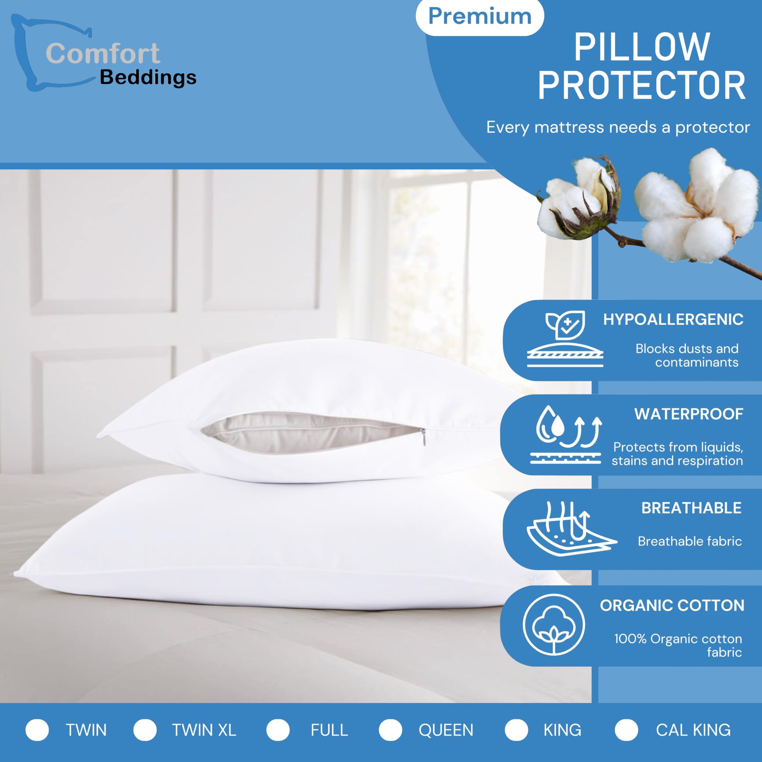 100% Organic Cotton 2pc Pillow Protector Standard Size 250GSM, Waterproof Pillow Protector, Noiseless & Vinyl Free Pillow Protector (Standard 50x75cm, White) - Image 2