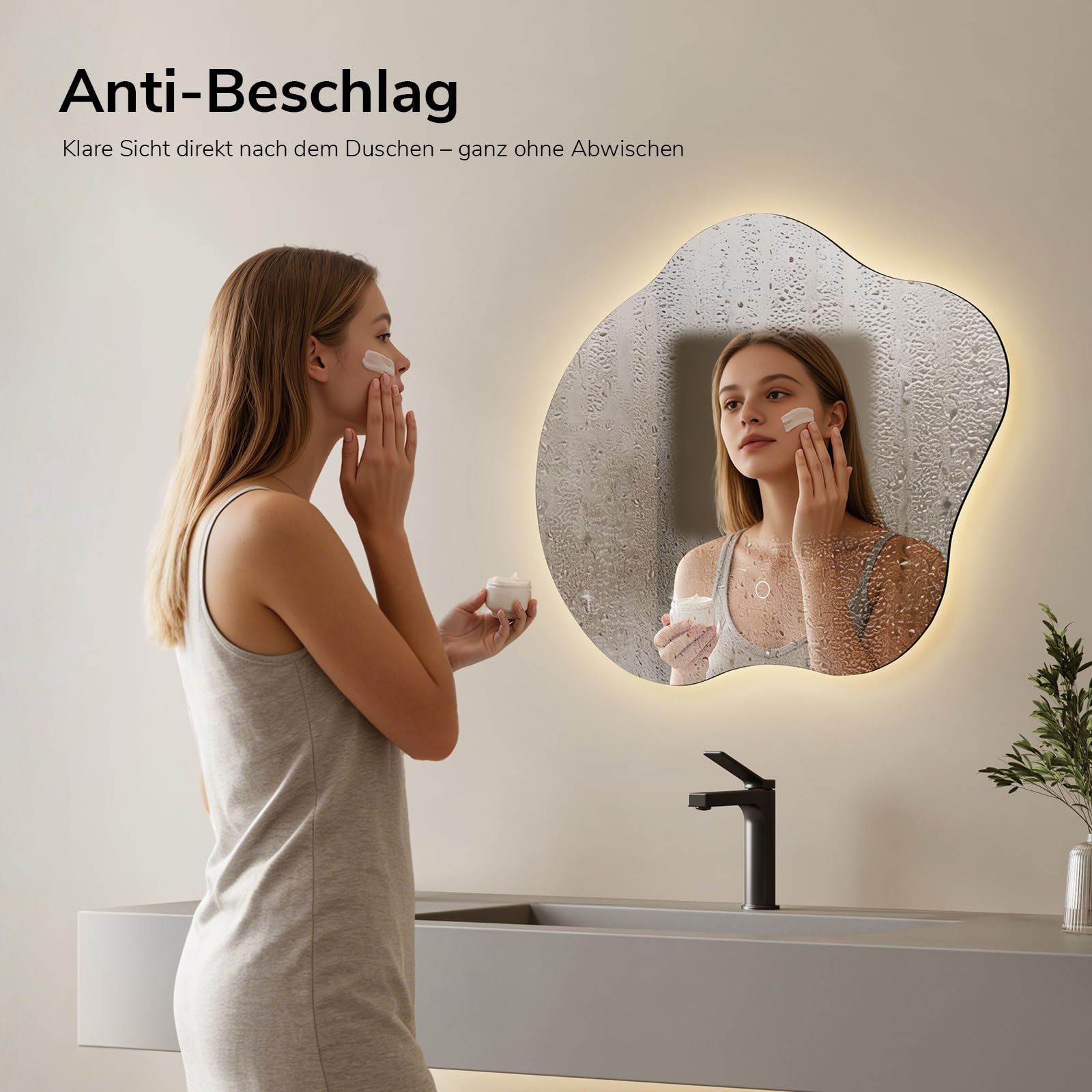 EMKE Badspiegel mit Beleuchtung Asymmetrisch 50 × 45 cm, LED Badezimmerspiegel mit Anti-Beschlag, 3 Lichtfarben & Dimmfunktion, Touch-Sensor, Wandspiegel für Bad, Flur, Schlafzimmer