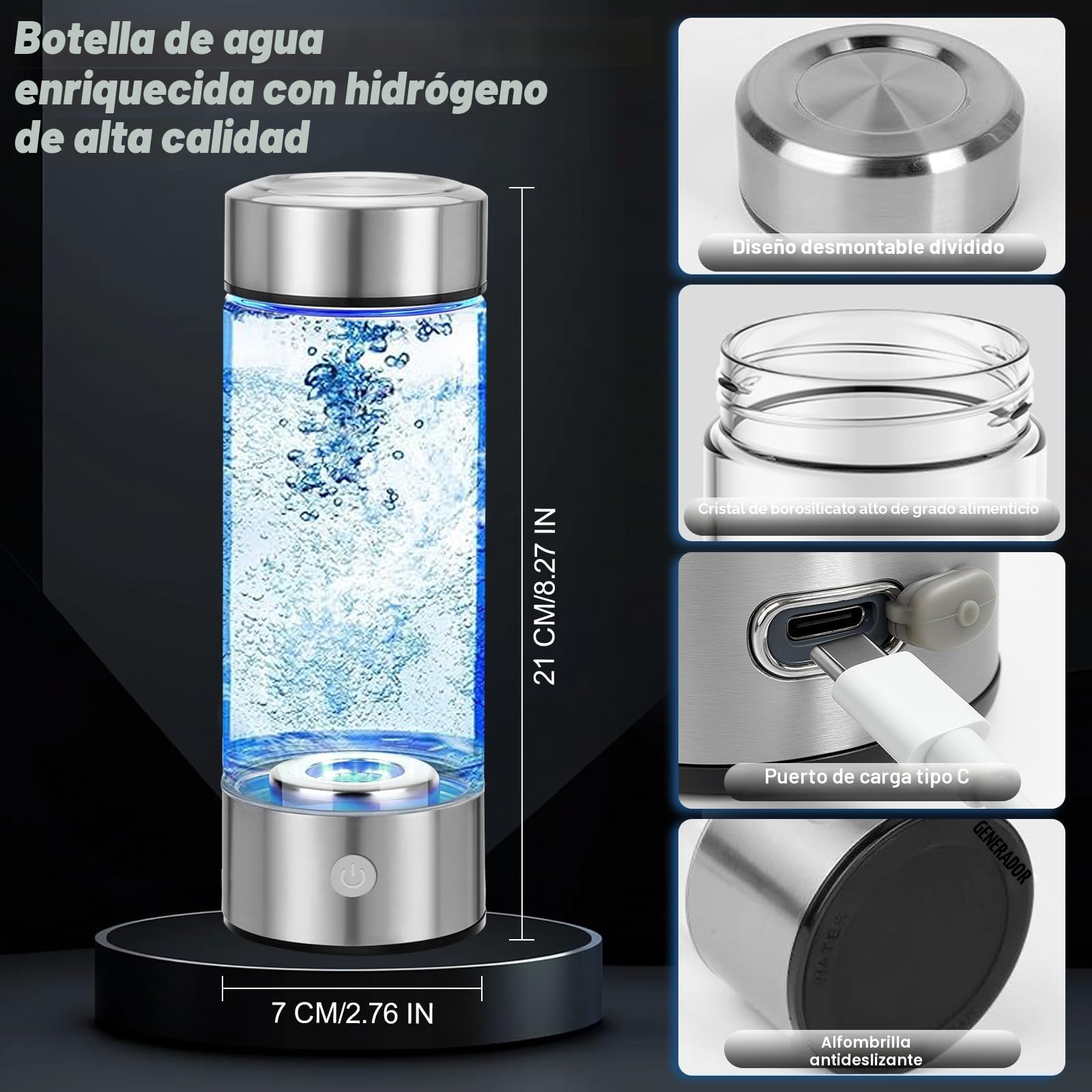 Botella de agua de hidrógeno rica en hidrógeno: tecnología SPE/PEM mejorada, botella portátil recargable de vidrio (adecuada para agua purificada y destilada)