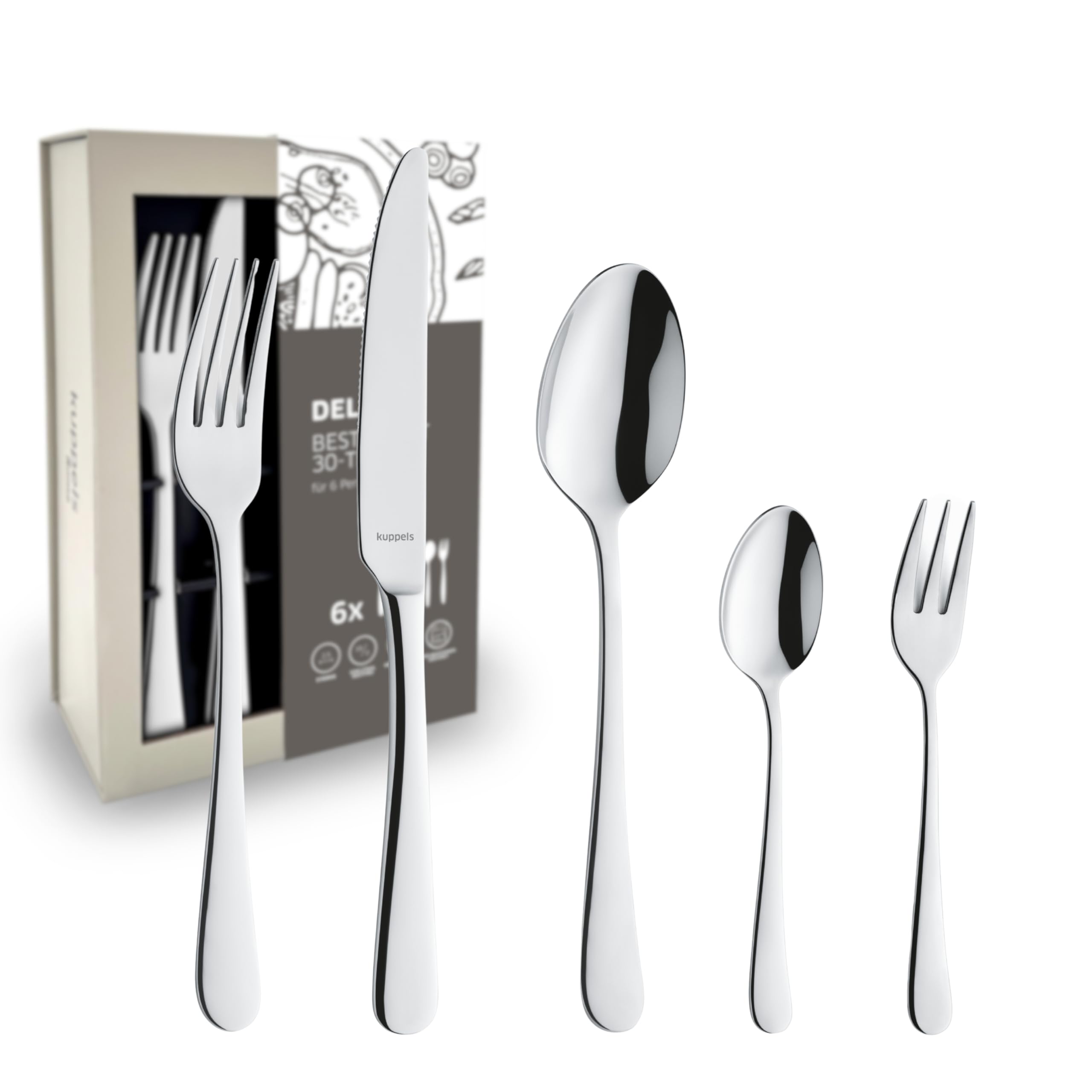 Kuppels Delia Besteck Set 30-tlg, 6 Personen, Edelstahl hochglanzpoliert | Menümesser, Menügabeln, Menülöffel, Kaffeelöffel, Kuchengabeln, spülmaschinenfest, modernes glamouröses Design
