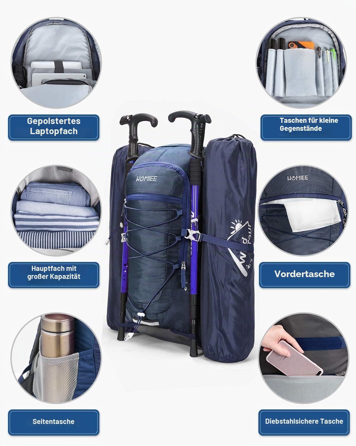 HOMIEE Wanderrucksack Herren Damen 45L Wasserdichter Rucksack Leichter Trekkingrucksack Groß Reiserucksack Sportrucksack mit Reflexstreifen für Campingplätze Radfahren Bergsteigen Reisen