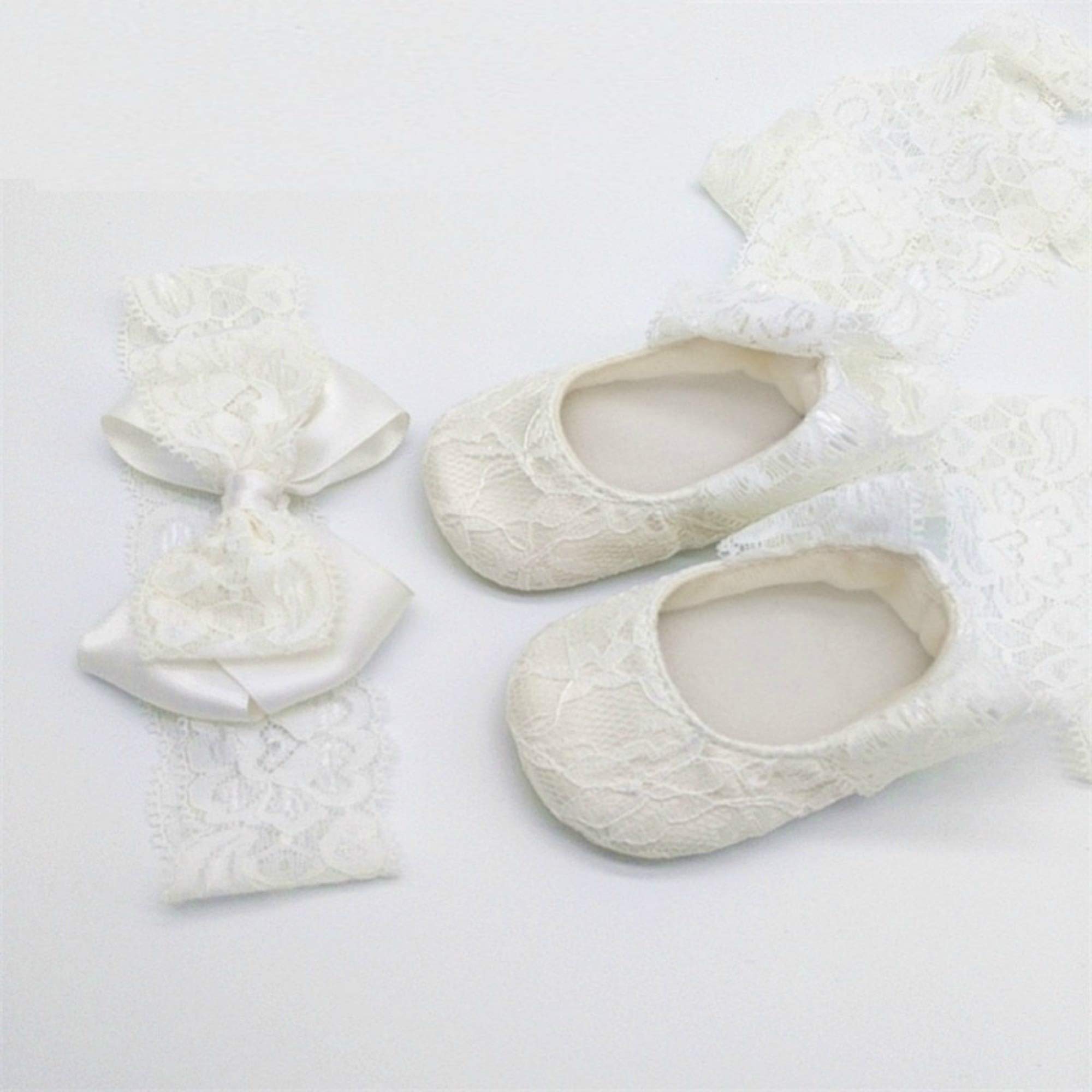 SET PIZZO FASCIA CAPELLI E BALLERINE IN PIZZO BIANCO BAMBINA NEONATA SCARPINE SCARPE ELEGANTI BATTESIMO CERIMONIA NASCITA 10 CM Brillabenny (0-3 Mesi)