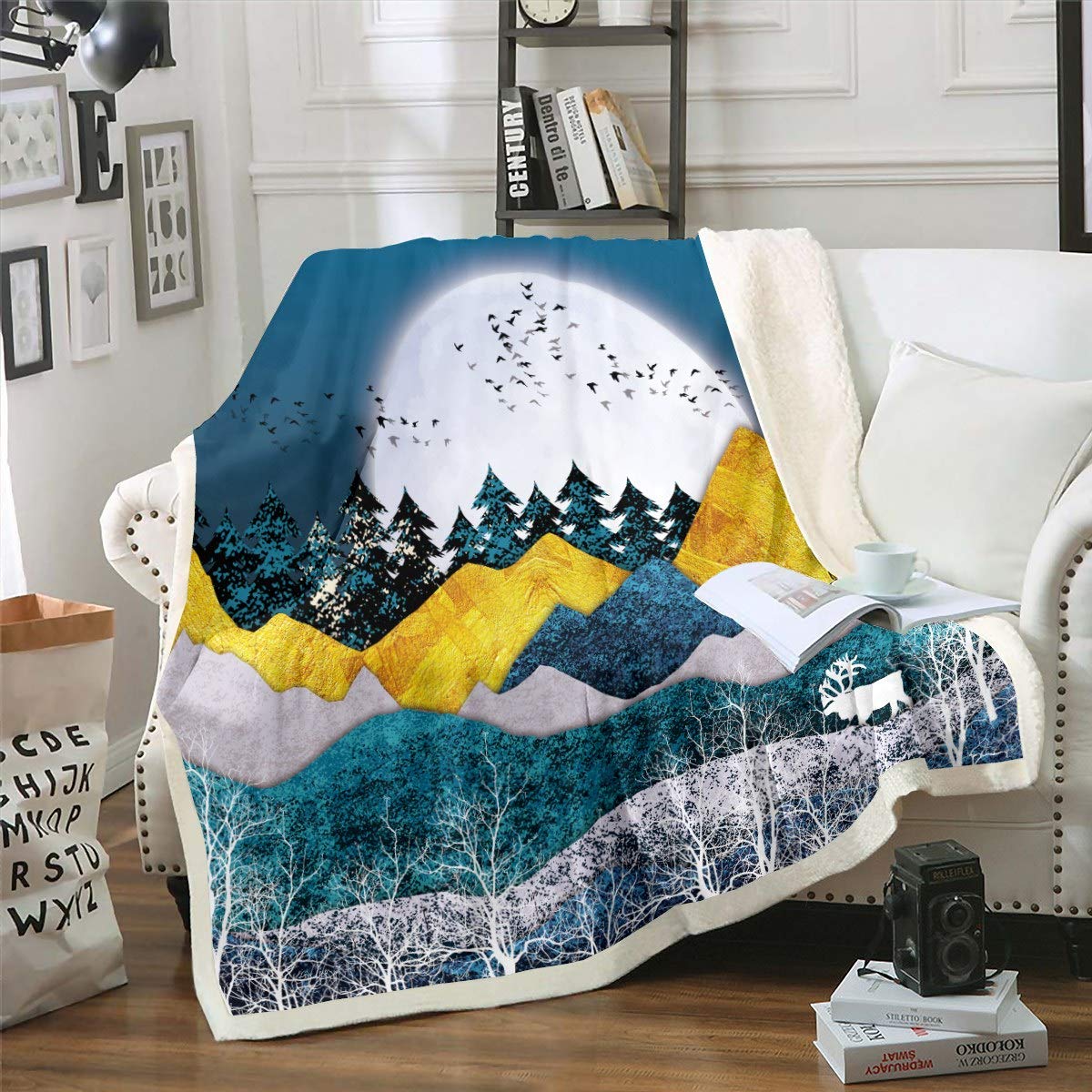 Loussiesd Multicolored 13259 Mountain Landscape Sherpa Blanket Forest Tree Blanket Moose Printed Fleece Blanket For Couch Travel Sofa Teens Bedroom Decor Natural Scenery Art Plush Throw Blanket 50"X60"