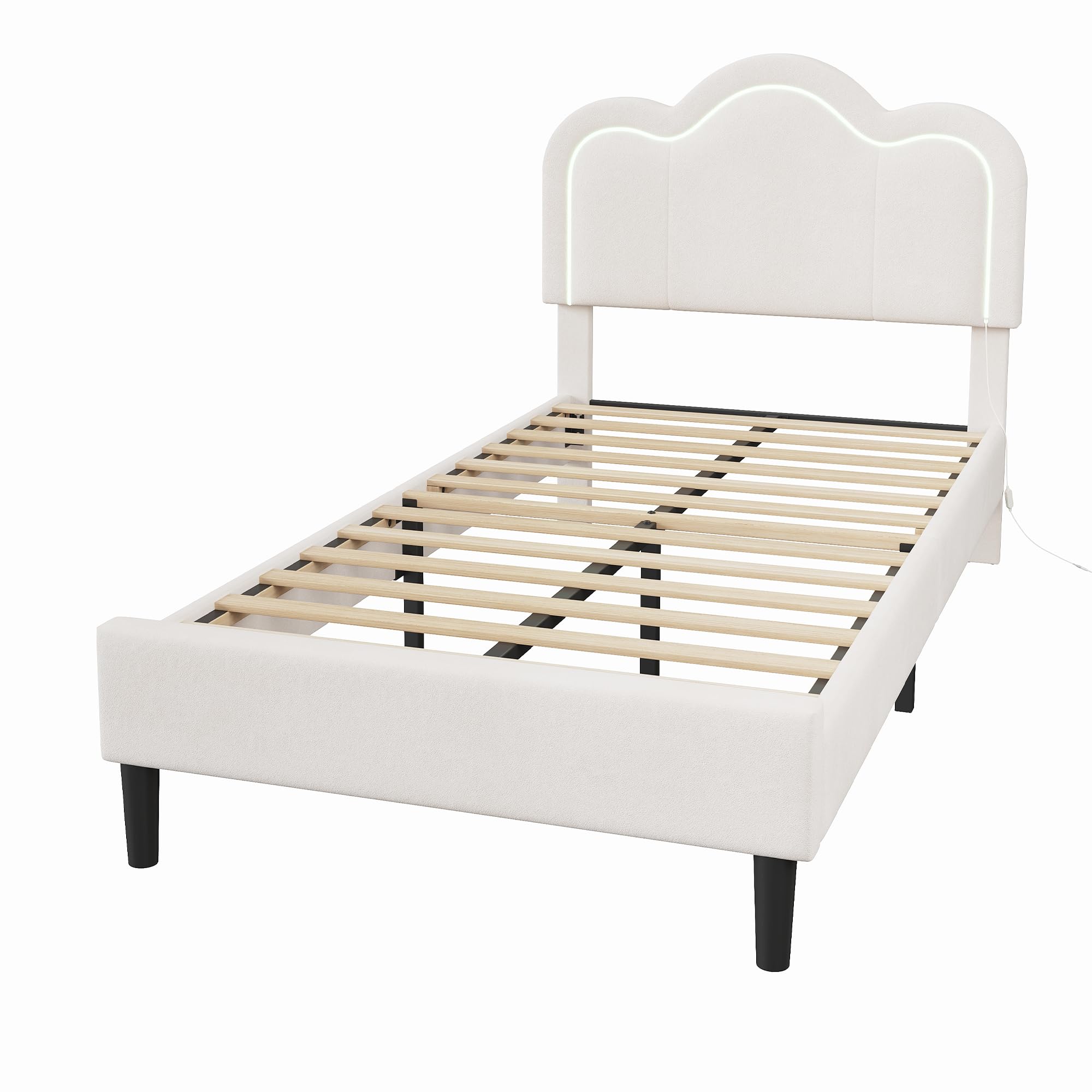 twin size upholstered platform bed frame with adjustable mountain headboard, rgb led lights, noise-free wooden slat support, no box spring needed, modern kids bedroom furniture, light blue