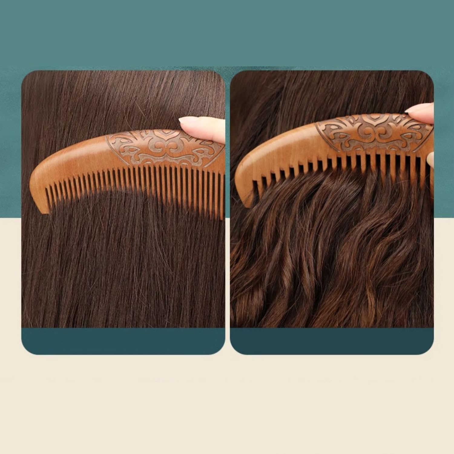 Peine de Madera para el Cabello, Peine de Madera semicircular antiestático, Dientes Anchos y Dientes Finos, desenredante Hecho a Mano de Madera H (Diente Fino A)