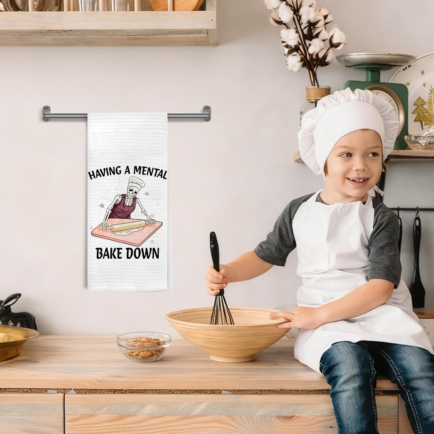 Funny Chef Skeleton Baking Kitchen Towels, Baker Gifts for Baking Lover, Having a Mental Bake Down Decorative Hand Tea & Dish Towels for Bakery Kitchen, 16x24 Inch image 4