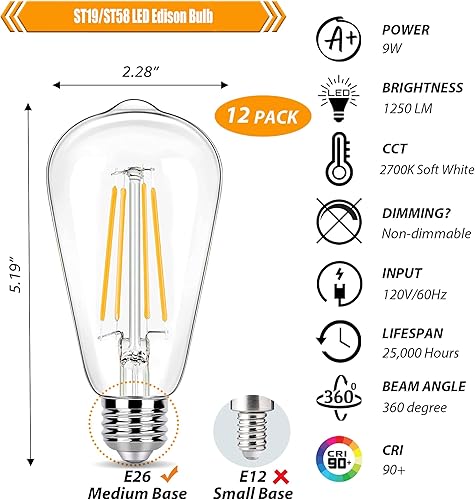 Miniatura 9 de Bombilla LED de 100 W, paquete de 12 bombillas LED Edison de 9 W, equivalentes a bombillas incandescentes de 100 vatios, blanco frío 4000 K con base