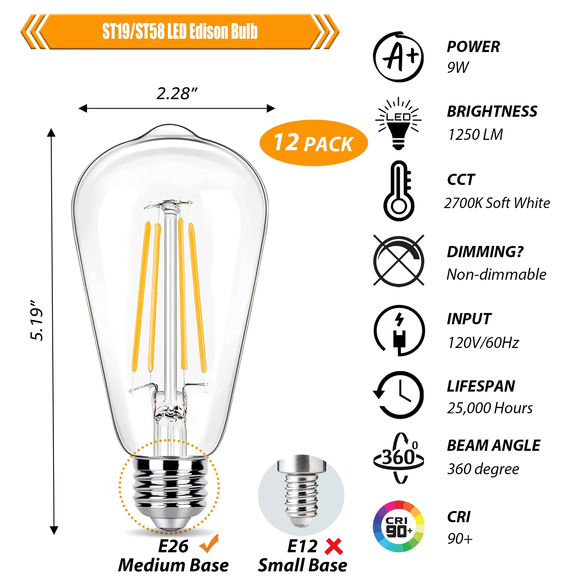 12 Pack 100 Watt Equivalent LED Edison Bulbs 9W LED Light Bulbs 2700K Soft Warm with E26 Standard — view 2