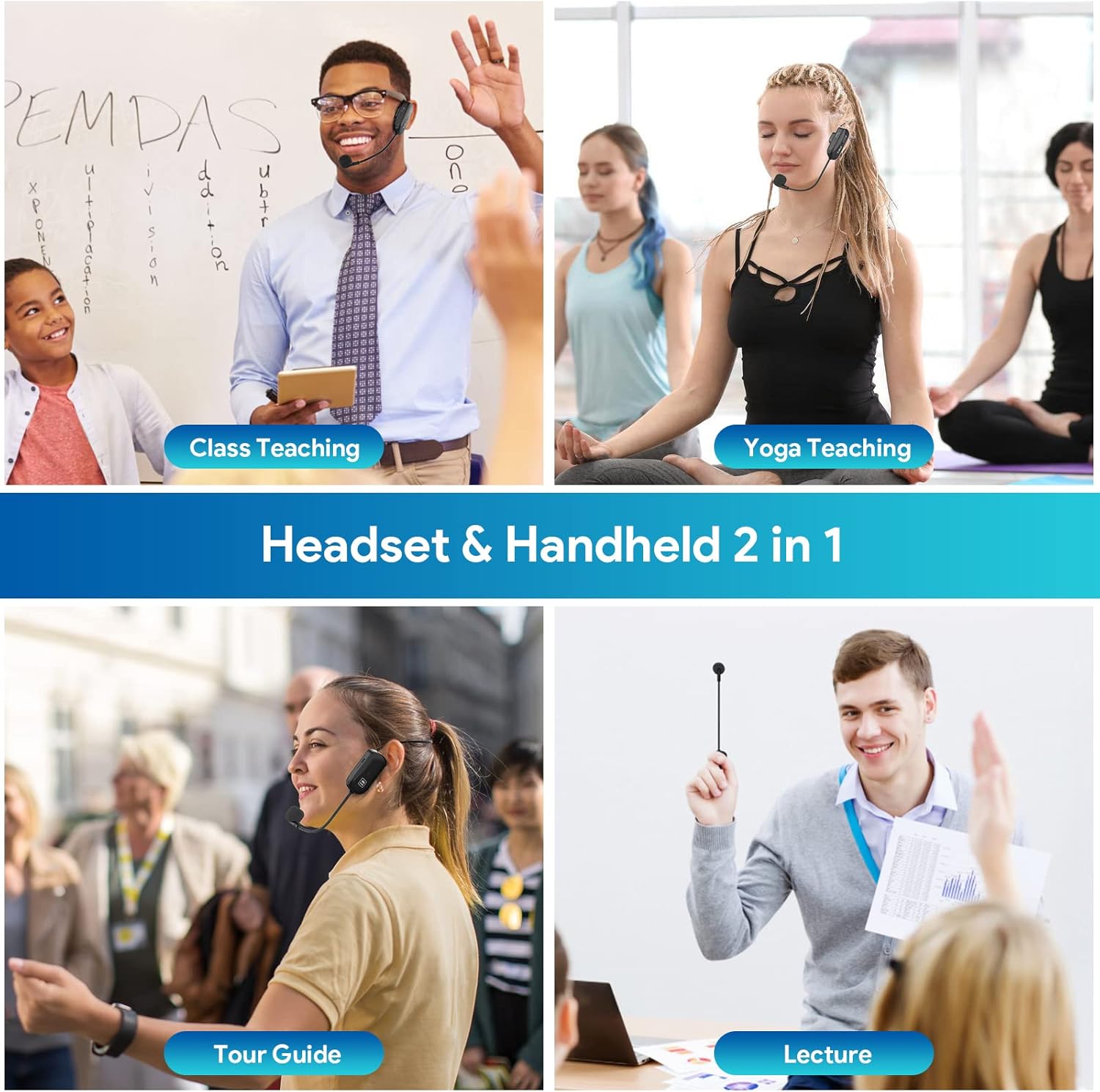 Collage showing various usage scenarios for the 1Mii wireless microphone headset, including class teaching, yoga teaching, tour guiding, and lectures.