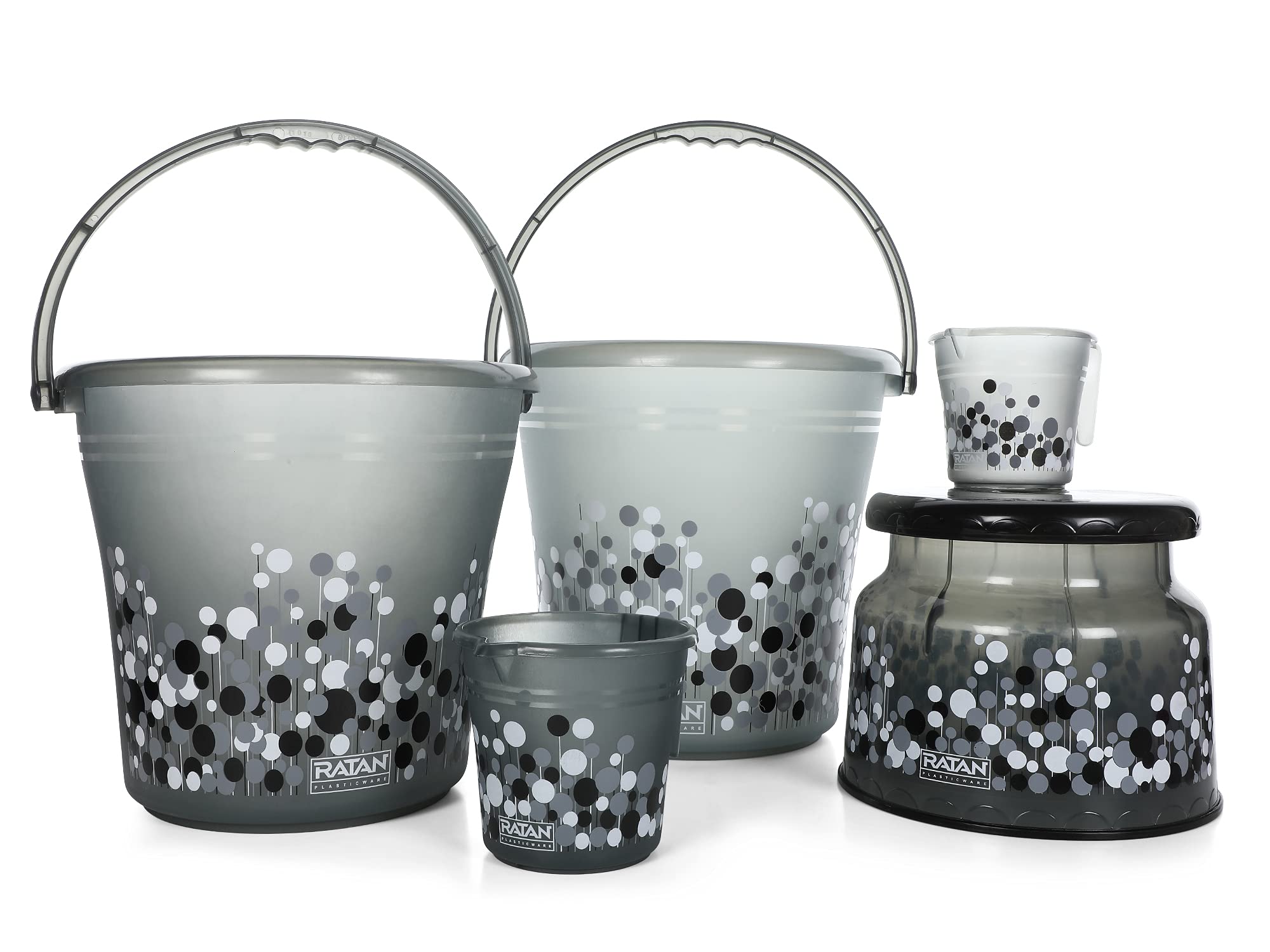 RATAN PLASTICWARE Plastic Bathroom Pack Set of 5 Combo Bucket 16L + 1 Frosty Bucket 20L + 1 Frosty Mug 1000Ml + 1 Frosty Mug 1500Ml + 1 Nova Patla Stool 107 - Bubble Print - Smoke (B097C41HMZ) Amazon Price History, Amazon Price Tracker