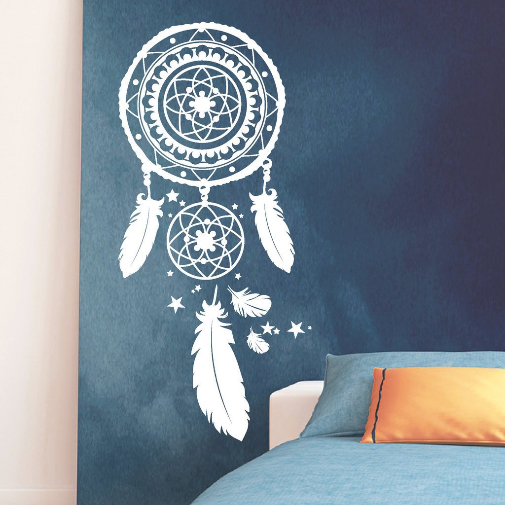 Wandtattoo Loft Wandaufkleber Traumfänger mit Federn und Sternen/Sterne/Feder/Wandsticker günstig in 54 Farben und 3 Größen wählbar/Schlafzimmer/weiß / 55 cm breit x 120 cm hoch