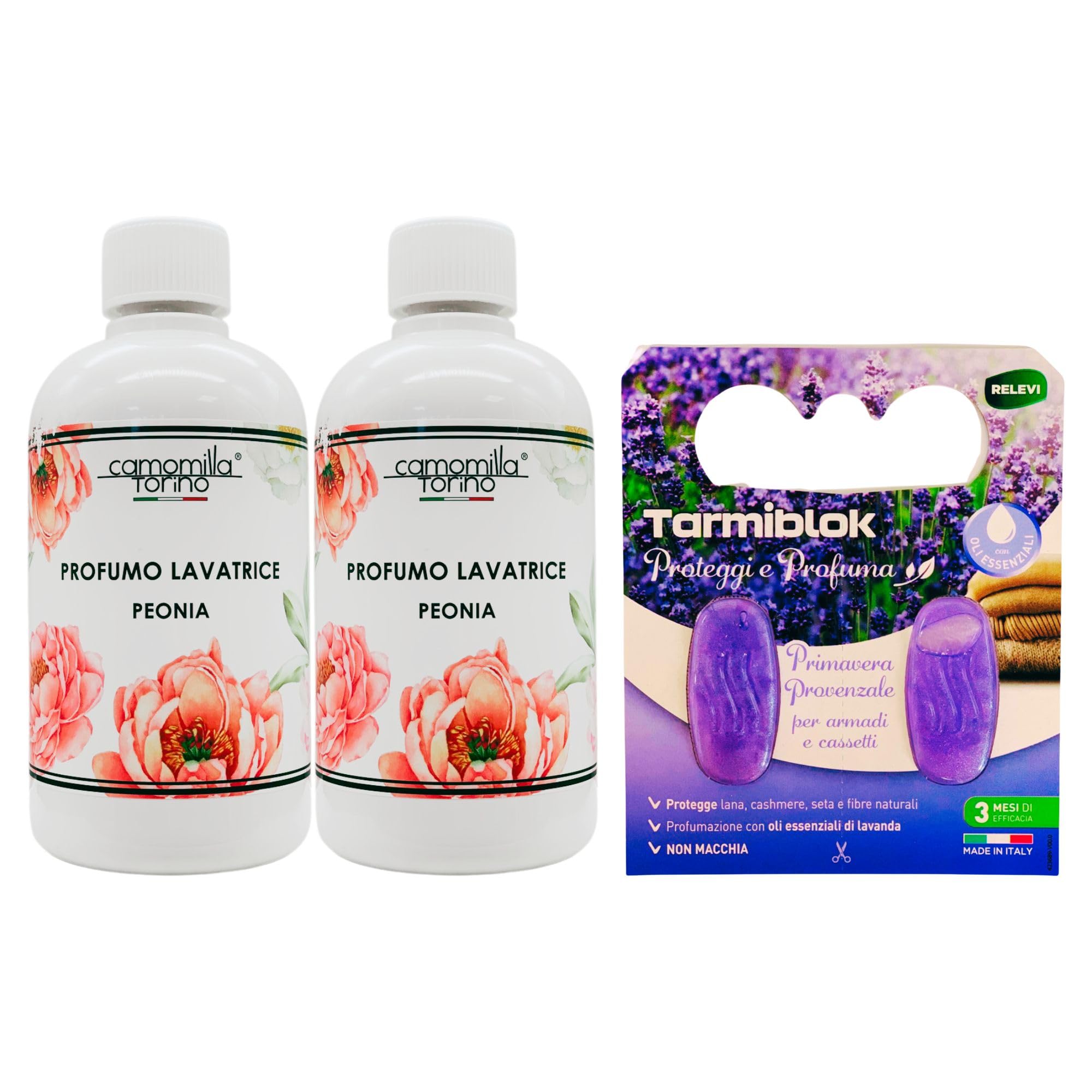 Camomilla Torino, Profumo Lavatrice, PEONIA 500ml + Tarmiblok, Proteggi e Profuma Per Armadi e Cassetti, Profumo Di Primavera Provenzale (2xProfumo Lavatrice+1xTarmiblok)