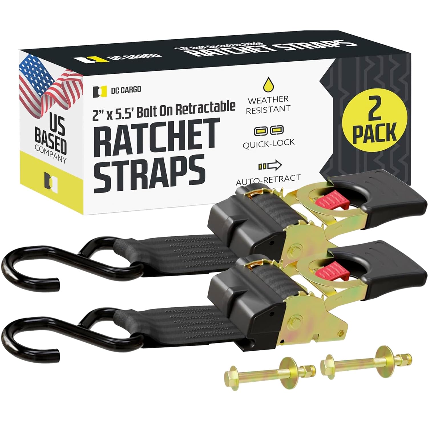 DC Cargo Bolt-on Auto Retractable Ratchet Straps - (2 Pack) 2 Inch x 5.5 Ft - 1,333 lbs Break Strength - Retractable Ratchet Tie Down Straps for Boats, Jet Skis, Motorcycles, ATVs