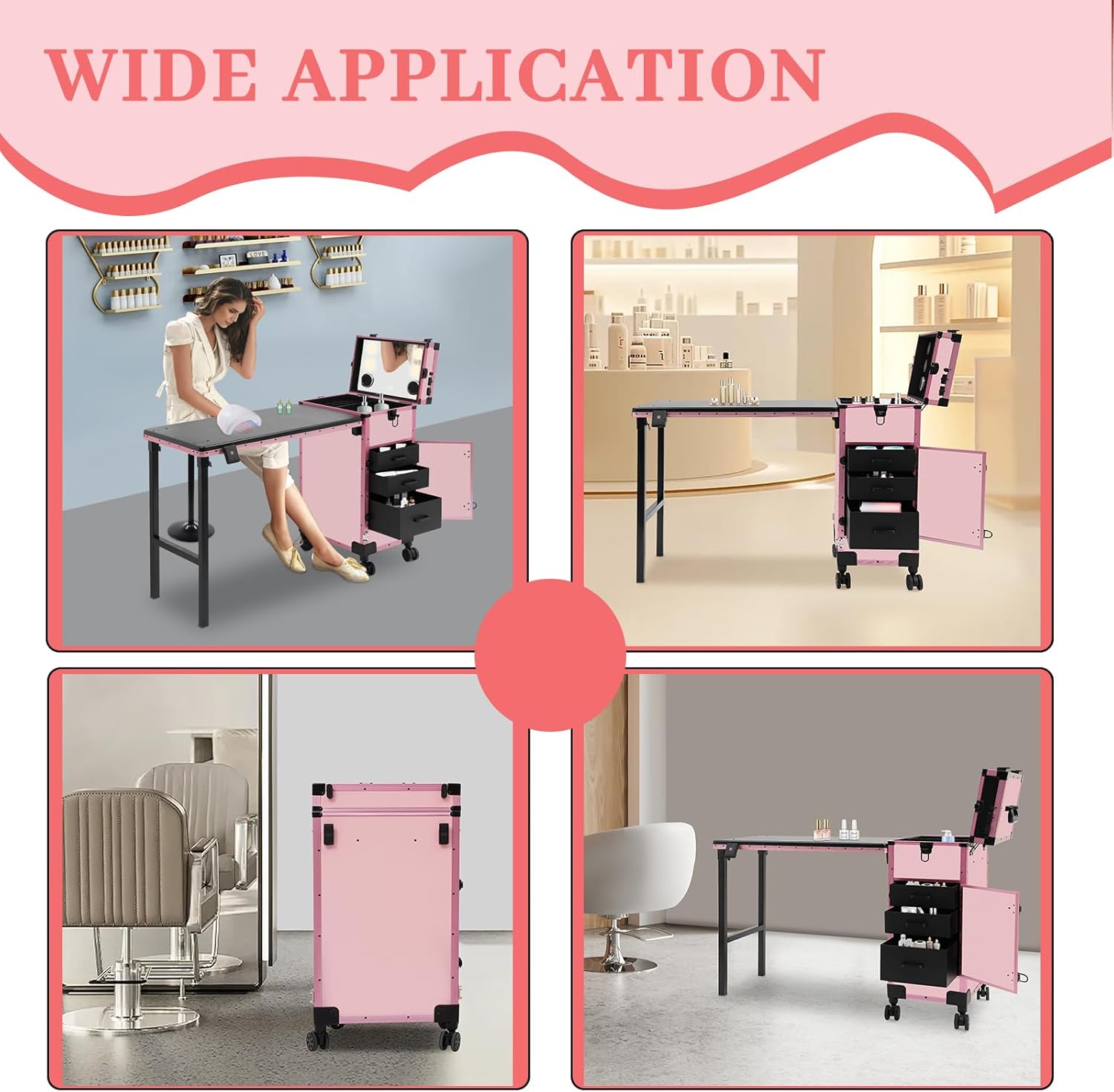 Rolling Makeup Train Case with 4 Drawers&Mirror, Foldable Makeup Nail Desk with Table&Blueteeth Speaker, Lockable Manicure Table for Technician Workstation Salon (Pink)