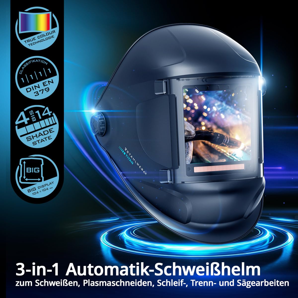 STAHLWERK Automatik-Schweißhelm 3-in-1 Titan – Schweißerhelm mit True-Colour, autom. Abdunkelung DIN 4-14, Jobspeicher, optische Klasse 1/1/1/1, Sichtfeld 104 x 104 mm, Schweißschild, Schweißmaske