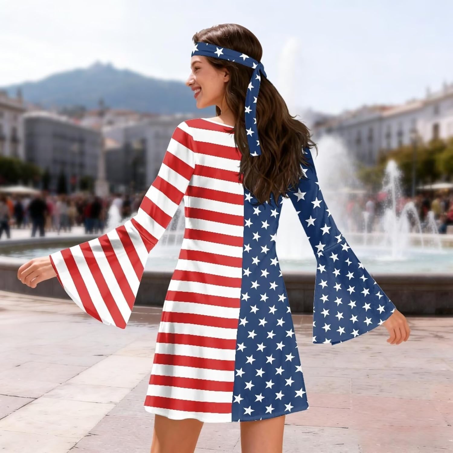 Women's Cocktail Party Dress Bell Long Sleeve Mini Dress for Wedding Guest Teachers Outfit with Matching Headbands