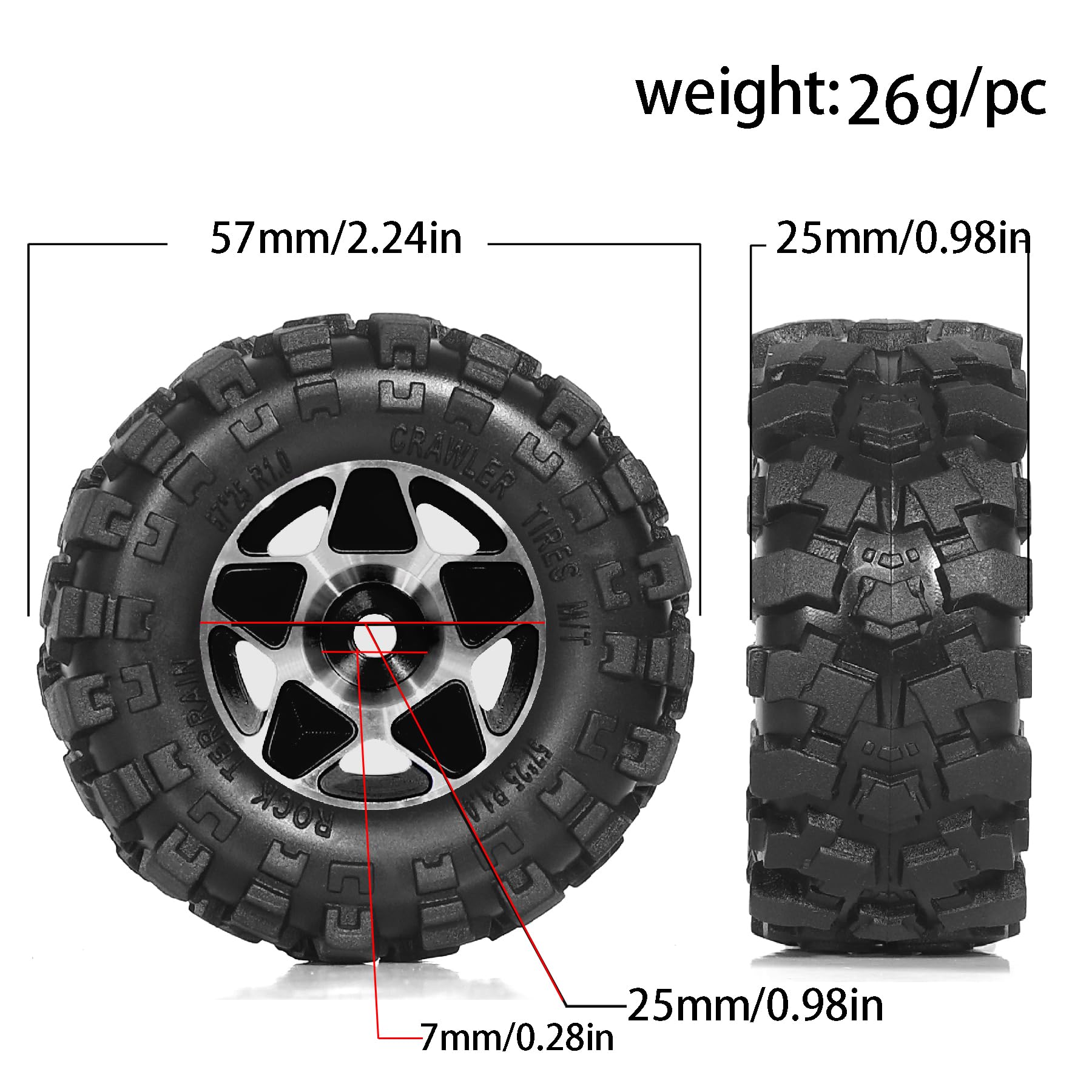 REDSPIDER 1.0 Beadlock Wheels and Tires Set?4pcs? 1.0 Crawler Tires 57 * 25mm Aluminum Alloy 1.0 Wheel 1/18 1/24 RC Crawler Tires for SCX24 TRX4M FMS FCX24 FCX18 AX24 (Black)