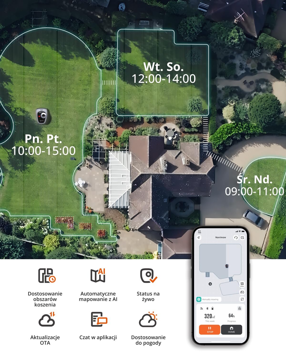 Navimow i105E robot koszący bez kabla ograniczającego, zalecany 500 m², maks. 600 m², kosiarka RTK + Vision zwycięzca testów, ochrona przed jeżami, robot trawnikowy, sztuczna inteligencja