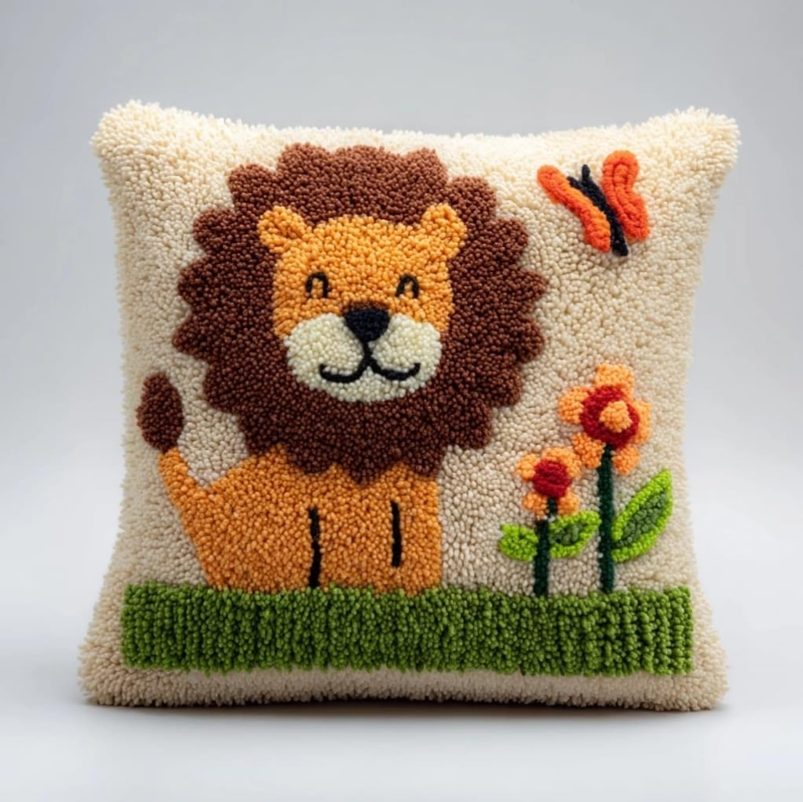 AxiangziK Latch Hook Pillow Making Set,Lion and Butterfly 43x43cm DIY Sofa Cushion Kit Suitable for Beginners and Experienced Crafters
