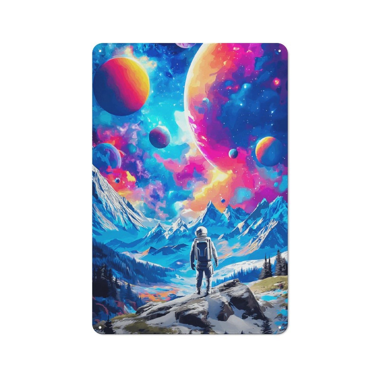 Junmoney Astronaut Gazing At Colorful Planets -1 Metal Wall Sign 30X20cm Featuring For Home Bar Wall, New Home Wall Decor For Hosts Who Enjoy Retro Interiors