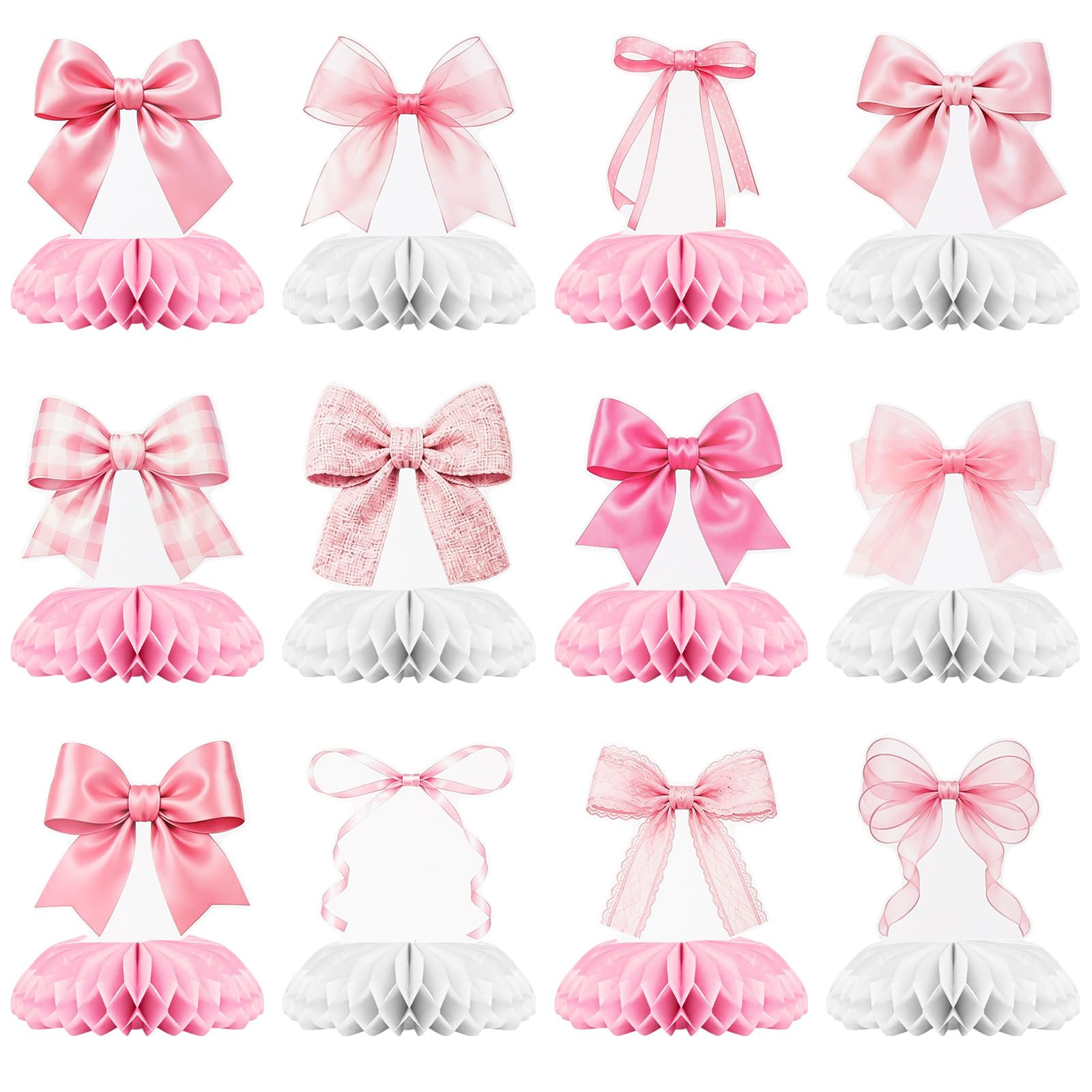 12PCS Pink Bow Birthday Party Decorations Honeycomb Centerpieces for Tables