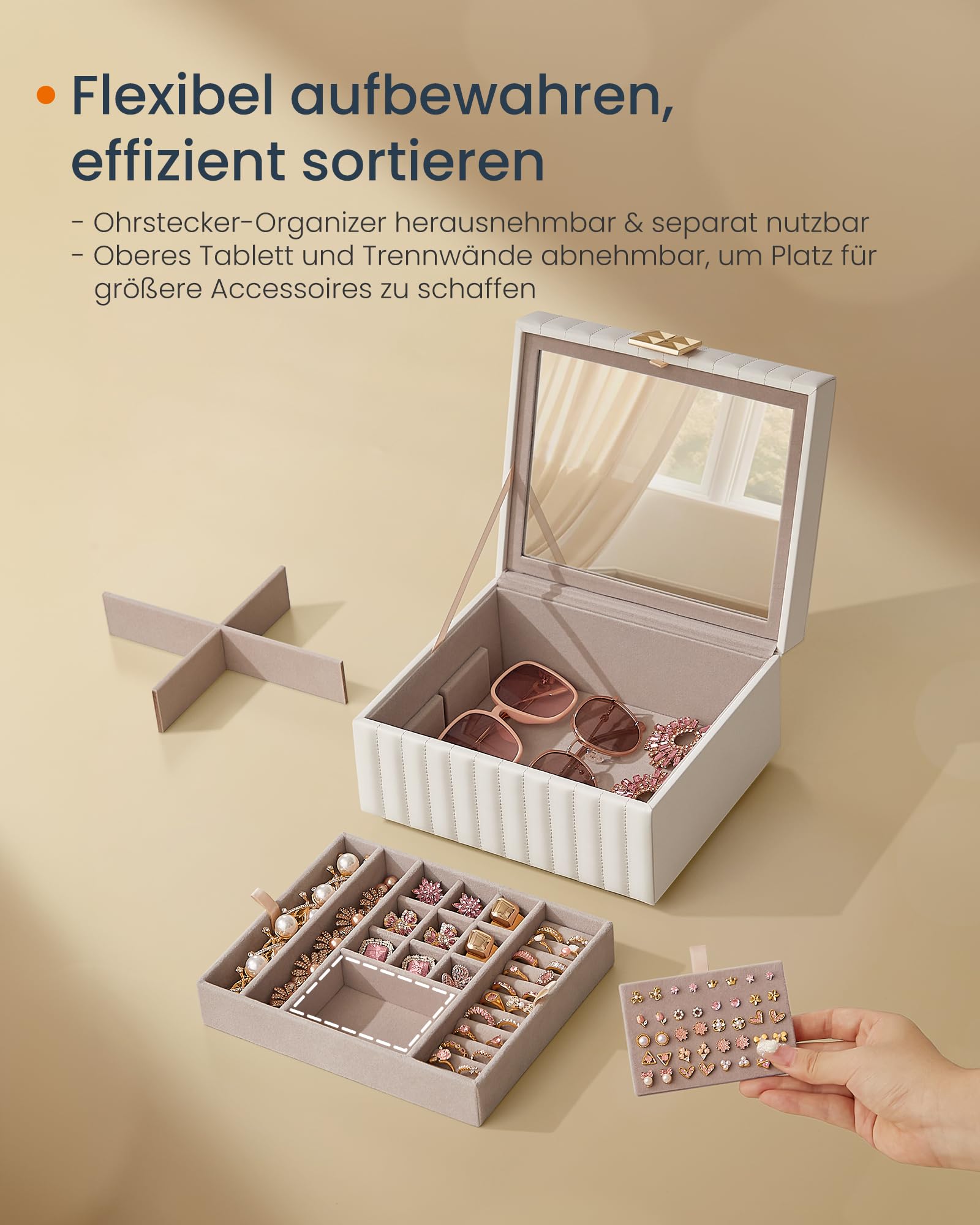 SONGMICS HOME ANAH Kollektion - Schmuckkästchen 2 Ebenen, 2er Set, Schmuckbox mit Spiegel, Schmucktablett herausnehmbar, PU mit Nähten, Schwebe-Effekt, 21,5 x 24 x 13,5 cm, wolkenweiß JBC182W01-2J