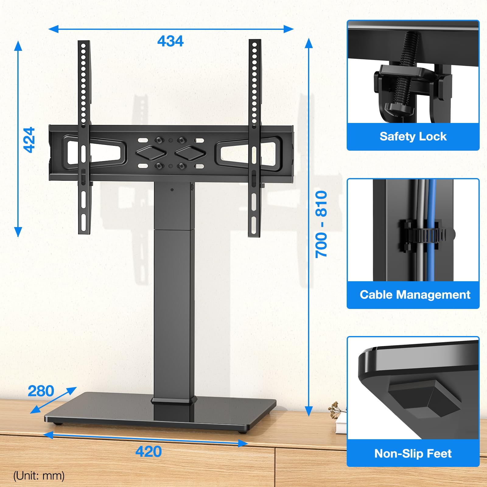 Supporto TV da Tavolo 5Rcom per TV 32-70 Pollici, Portata 40KG, Base in Vetro Temperato Regolabile in Altezza, Supporto Universale per Soggiorno/Camera, VESA Max 400x400mm