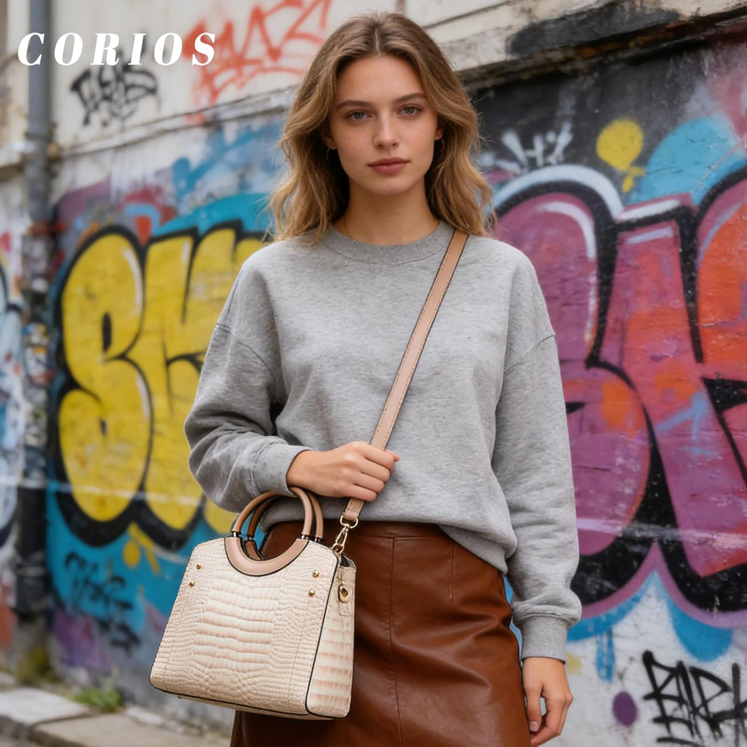 CORIOS PU Leather Handbag for Women Crocodile Embossed Shoulder Bag Waterproof Crossbody Bag Large Messenger Bag