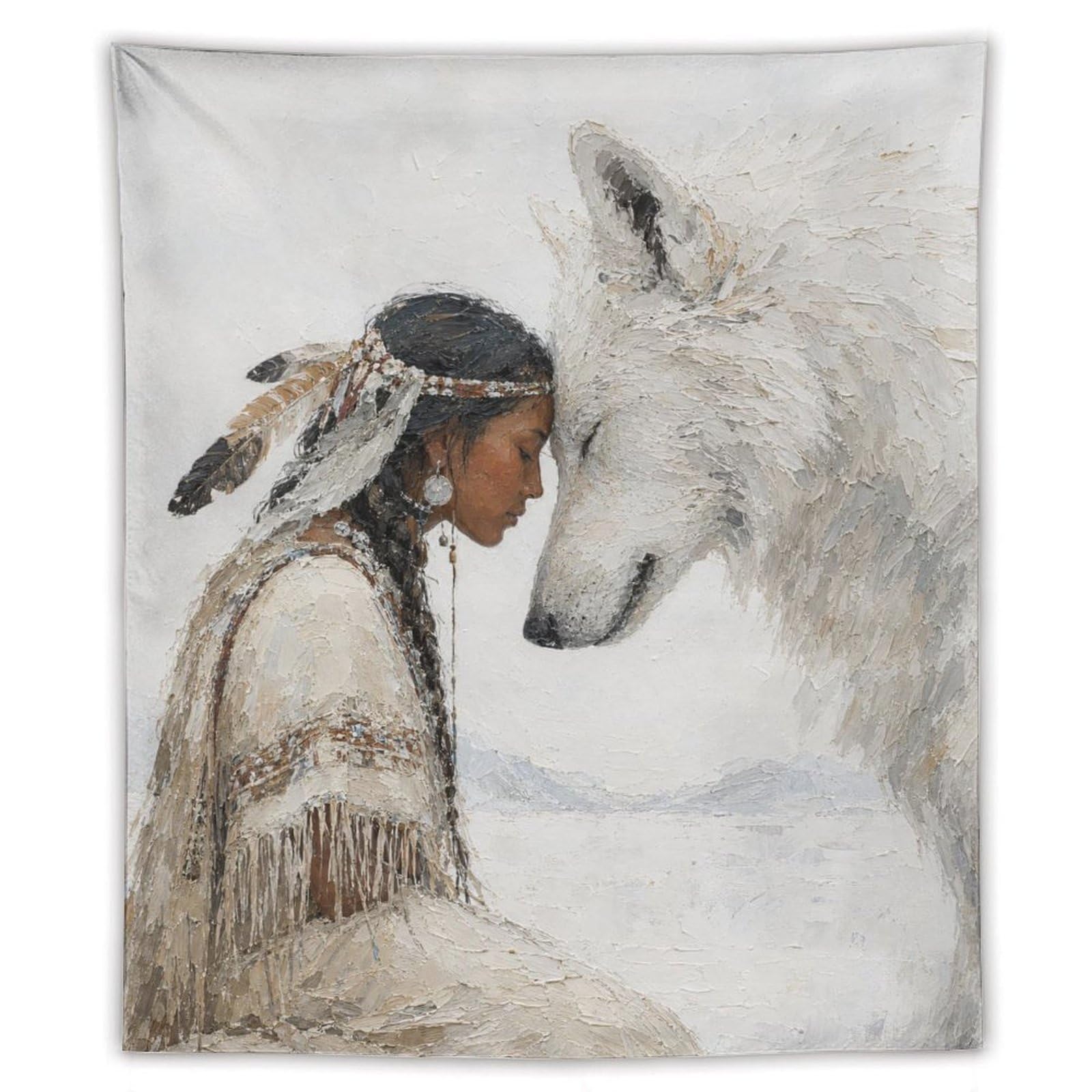 W7C8U2X3 Native Woman with White Wolf Wall Tapestry, Backdrop